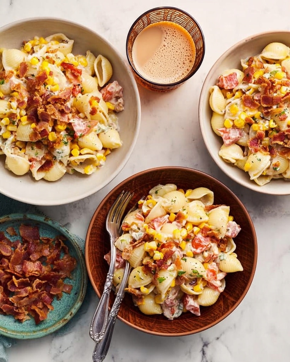 The image shows a white marbled surface with three white bowls filled with a creamy pasta dish made of small shell pasta, chunks of light brown meat, yellow corn kernels, and red tomato pieces, all mixed together with a creamy sauce giving a slightly shiny texture. One bowl in the center is a terra-cotta-colored bowl containing the pasta dish, while the two white bowls flanking it also have the same pasta mix. To the bottom left, there is a small white plate with crispy brown bacon pieces. At the top right, an amber-colored textured glass holds a drink. A shiny silver fork rests beside the terra-cotta bowl on the white marbled surface. photo taken with an iphone --ar 4:5 --v 7