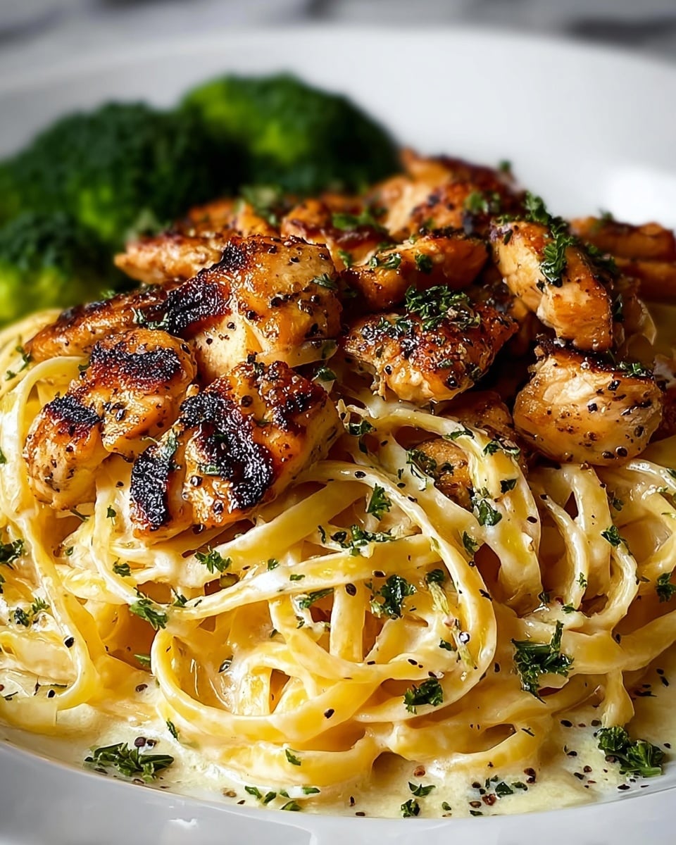 A white plate holds a creamy pasta base with a pale yellow sauce, topped with several browned, grilled shrimp pieces showing golden and slightly charred spots. The pasta strands are thick and mixed with finely chopped green herbs scattered on top. In the background, there are some blurred broccoli florets adding a touch of green. The dish looks warm and appetizing with a slight sprinkle of black pepper and herbs over the shrimp and pasta. Photo taken with an iphone --ar 4:5 --v 7