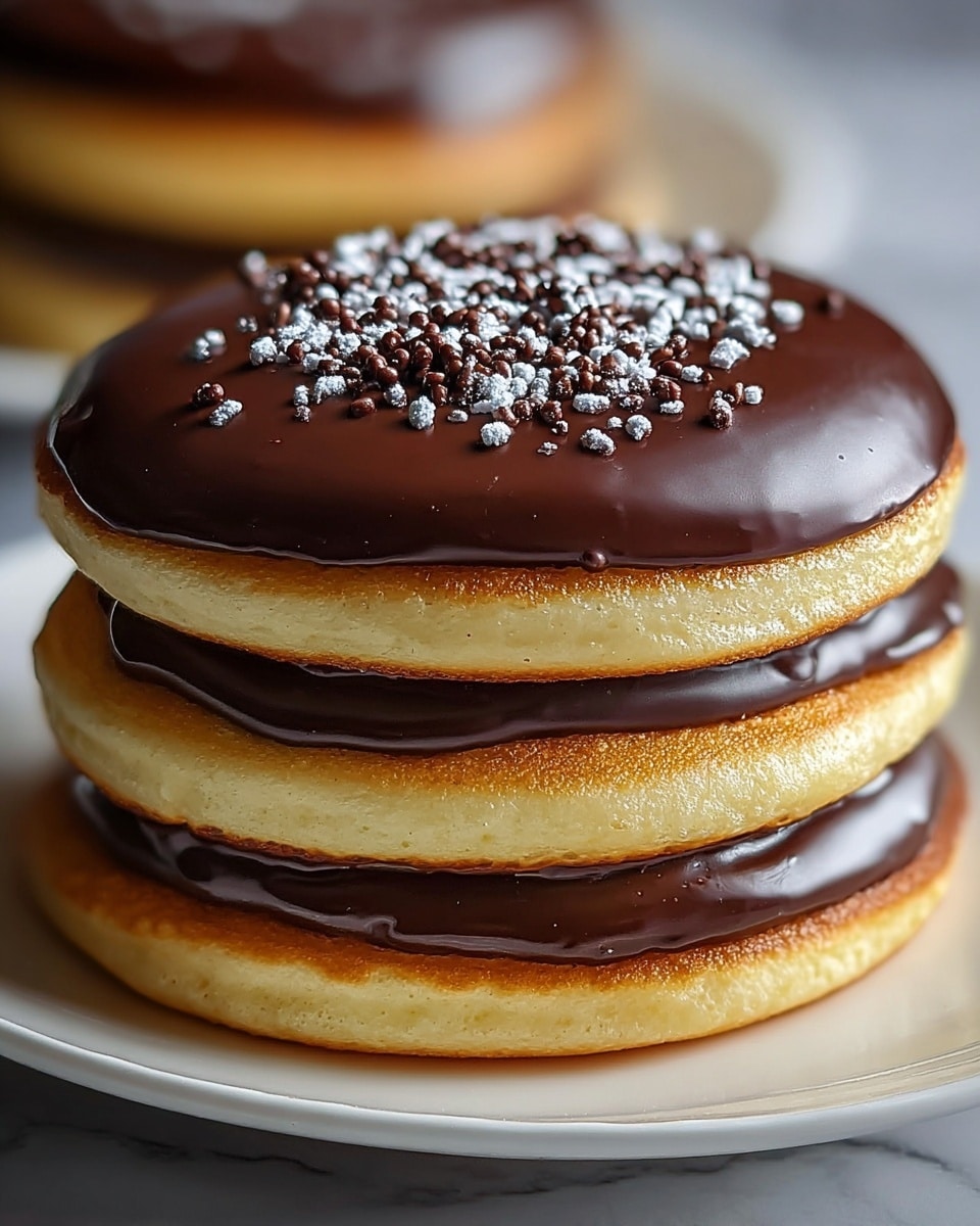 A tall stack of three round doughnuts is shown, each doughnut having a fluffy golden-yellow base with a slight crisp edge. Each doughnut is topped with a thick, shiny, dark chocolate glaze that covers the entire top surface smoothly. The top doughnut has a central well filled with small dark chocolate chips sprinkled generously with white sugar crystals, adding texture and contrast. The doughnuts are placed on a glossy white plate with a subtle reflective shine, resting on a white marbled surface. photo taken with an iphone --ar 4:5 --v 7