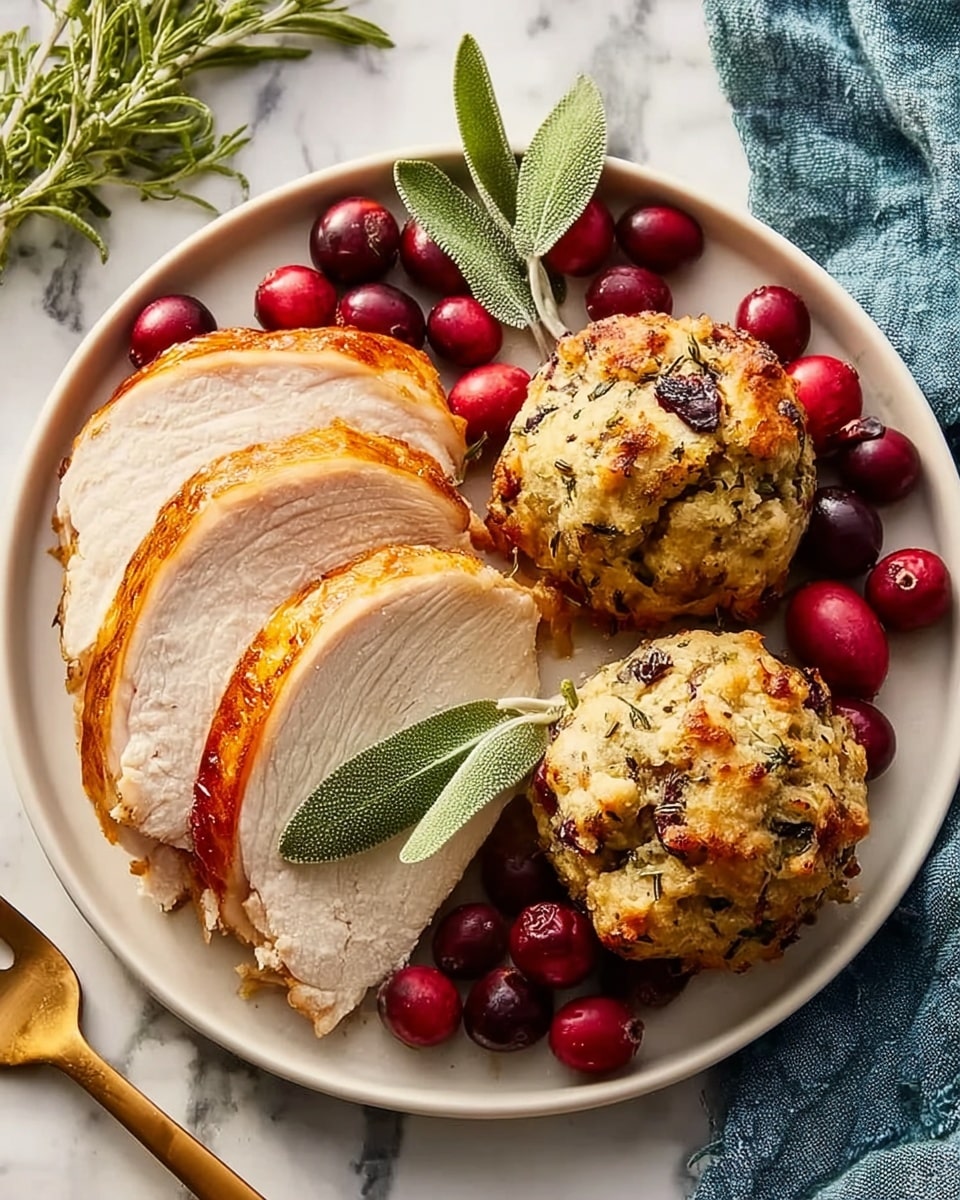 A white round plate with three thick slices of golden-brown roasted turkey breast overlapping on the left, two golden-brown, textured stuffing balls with visible bits of herbs on the right, and several bright red fresh cranberries scattered around the plate. Two fresh sage leaves rest near the turkey slices and stuffing balls. The plate sits on a white marbled surface with a blue cloth partially visible in the top right corner and some green herbs in the top left and bottom left corners. A golden fork is seen at the bottom right edge of the image. Photo taken with an iphone --ar 4:5 --v 7