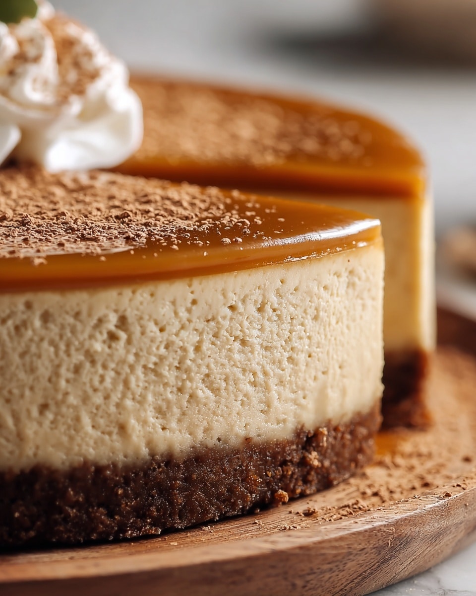 A close-up view of a three-layer cheesecake sits on a wooden board against a white marbled background. The bottom layer is a thick, crumbly dark brown crust. The middle layer is a creamy, pale beige cheesecake with a smooth and slightly textured surface. The top layer is a glossy, caramel-brown glaze with a light sprinkle of cocoa powder scattered across it. There is a dollop of white whipped cream partially visible on the top left edge of the cake. Photo taken with an iphone --ar 4:5 --v 7