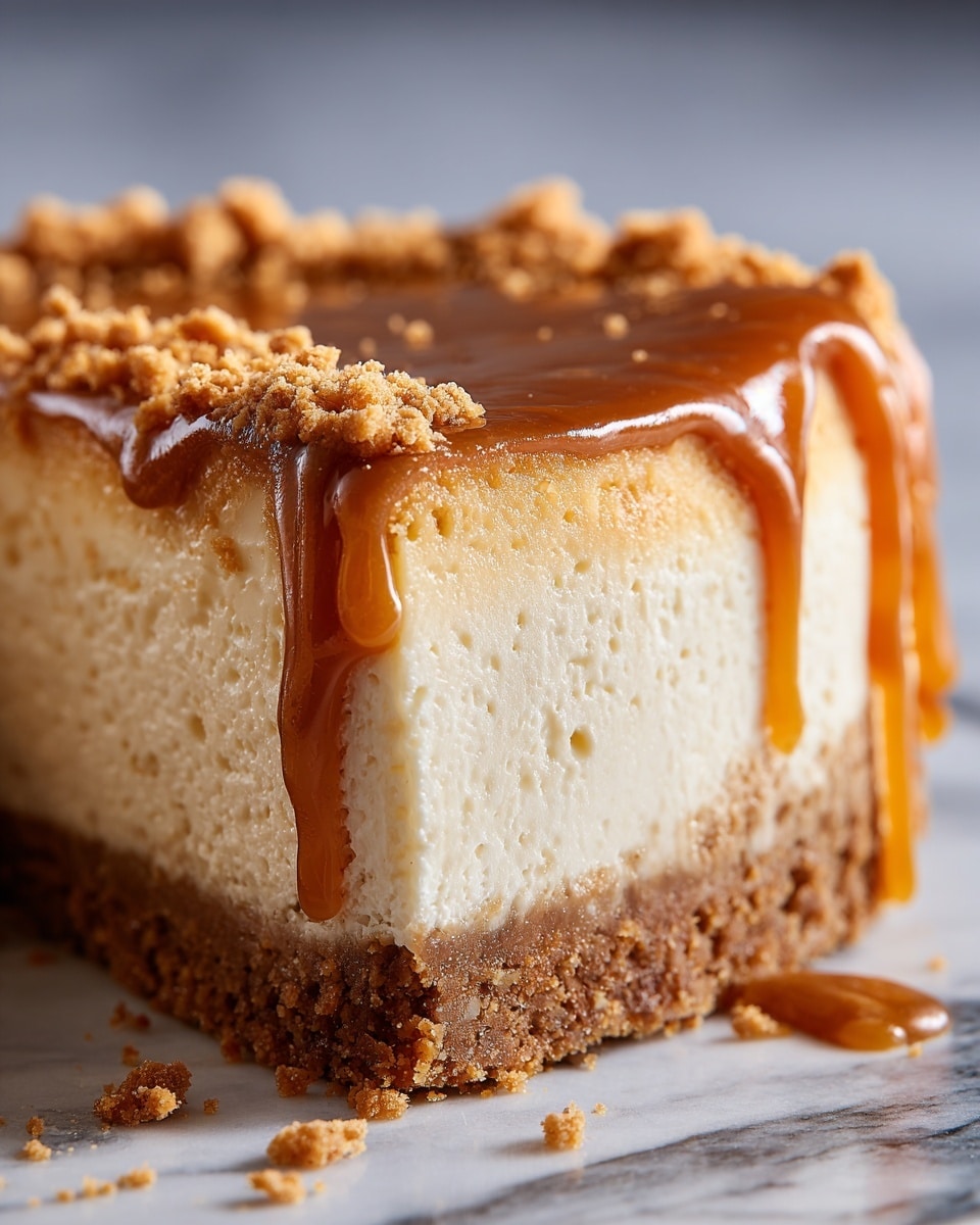 A close-up view of a cheesecake slice showing three layers: the bottom layer is a thick, crumbly brown crust, the middle layer is a thick, creamy pale beige cheesecake, and the top layer is a smooth, shiny caramel glaze that drips down the side of the slice. There are crumbly bits sprinkled on the caramel edge, adding texture, and the cheesecake is set against a white marbled textured surface. photo taken with an iphone --ar 4:5 --v 7