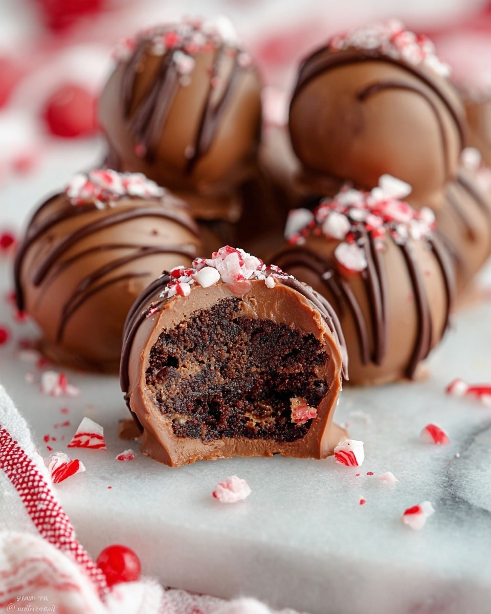 The image shows round chocolate balls with a smooth, shiny milk chocolate outer layer, with thin chocolate drizzles on top. One ball is cut in half to reveal a dense, dark chocolate and crumbly inside mixed with small red and white bits. Some chocolate balls have crushed red and white candy pieces sprinkled on top, adding a festive touch. The chocolates are placed on a white marbled surface with a white cloth that has red stripes underneath, and small candy pieces are scattered around. Photo taken with an iphone --ar 4:5 --v 7