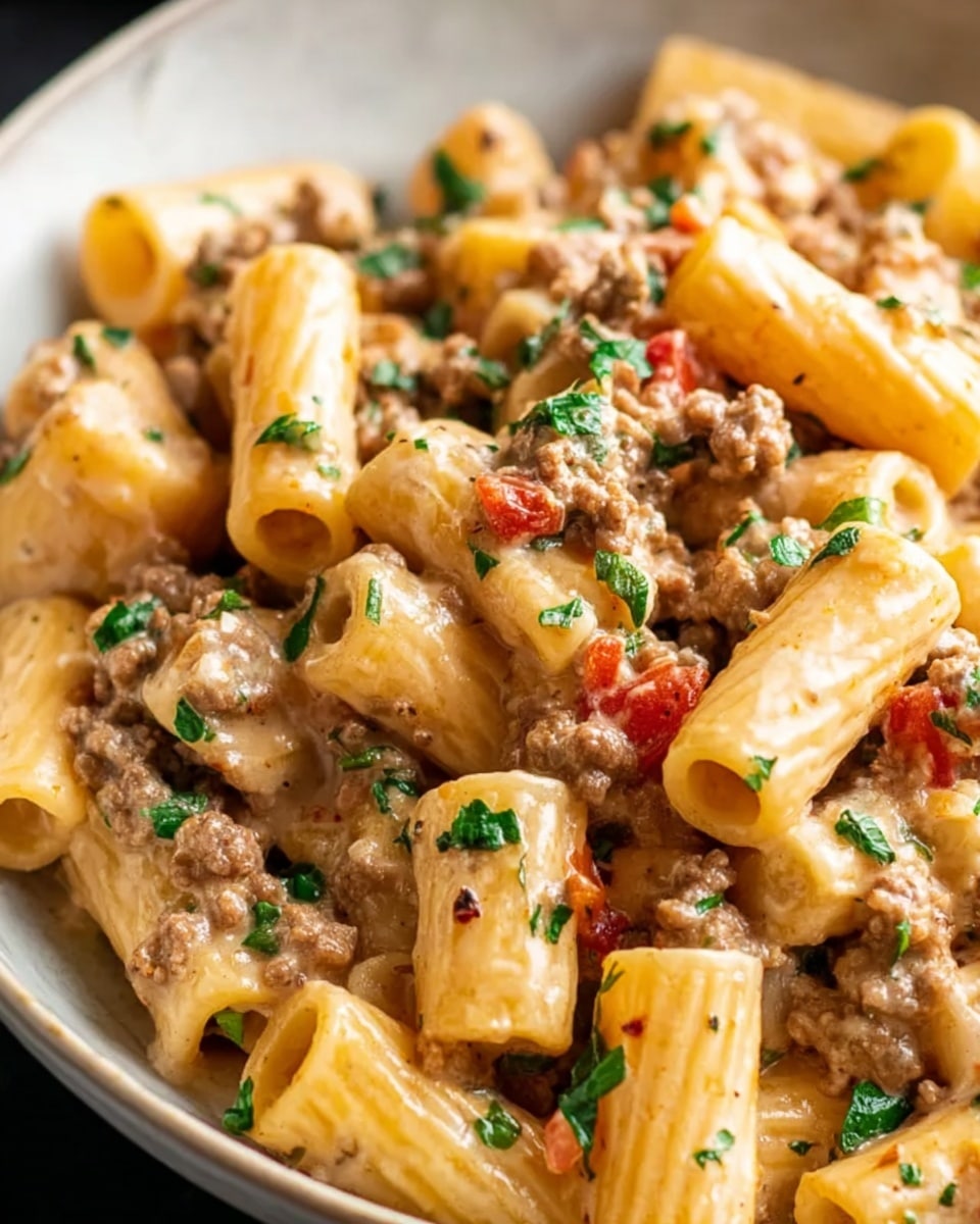 The dish shows a thick pasta mix with short tube-shaped rigatoni pasta in a creamy, light brown sauce. Small bits of browned ground meat are spread evenly throughout, combined with finely chopped green herbs and small pieces of red tomato. The pasta looks cooked, soft but holding shape, and the sauce lightly coats each piece, giving a smooth and rich texture. The overall look is close-up, focusing on the pasta and sauce texture with the ingredients mixed naturally, set on a white marbled background. photo taken with an iphone --ar 4:5 --v 7