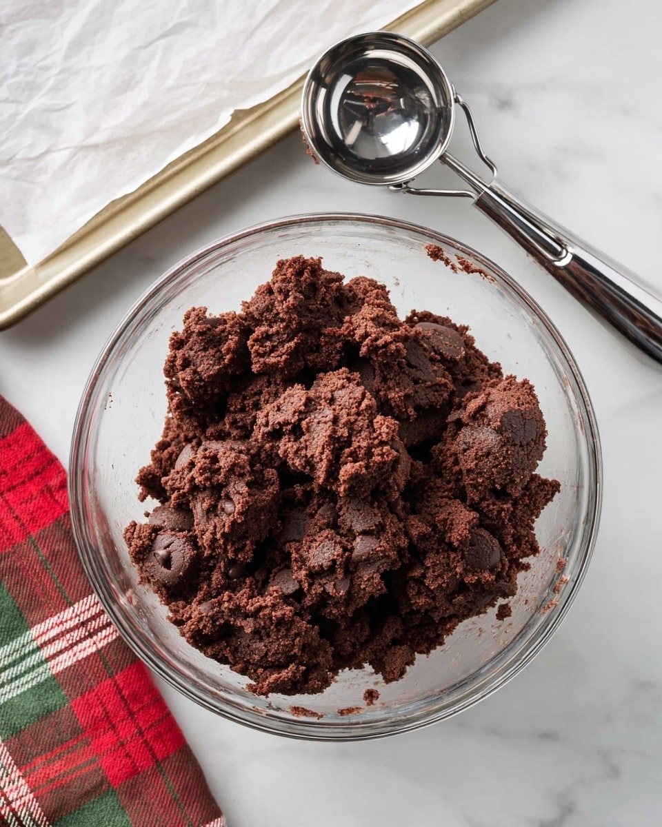 A clear glass mixing bowl filled with dark brown cookie dough clumps that have a rough and dense texture, sitting on a white marbled surface. Above the bowl is a metal cookie scoop with a shiny, smooth texture, and to the left is a metal baking sheet lined with white parchment paper. Part of a red, green, and beige plaid cloth is visible in the bottom left corner. The scene has a clean, bright look. photo taken with an iphone --ar 4:5 --v 7