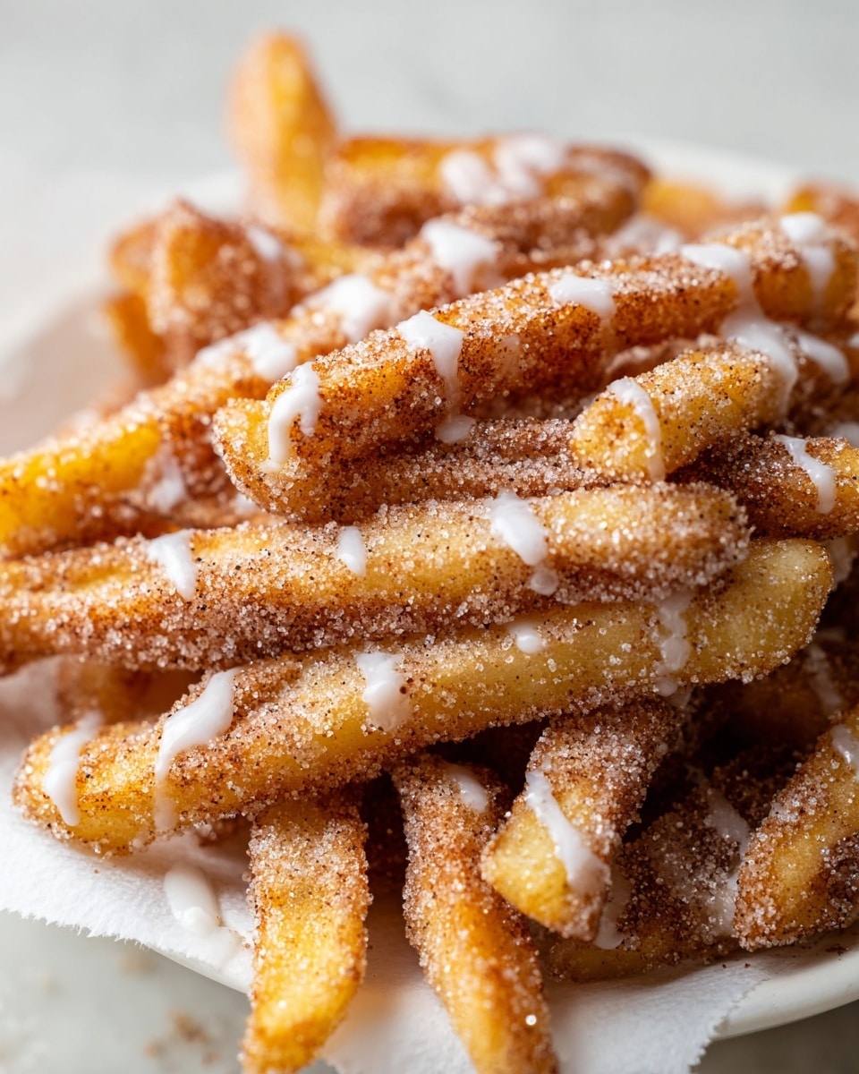 A close-up view of a pile of golden fries coated generously in a mix of cinnamon and sugar, giving them a textured, grainy look with a warm brown and light yellow color. Each fry is drizzled unevenly with a thin, white icing glaze that adds a smooth contrast to the rough cinnamon sugar coating. The fries are stacked thickly together on a sheet of white paper lining a white plate, which rests on a white marbled surface. The image captures the crunchy texture and sugary coating in soft focus with warm lighting, making the fries look crispy and sweet. photo taken with an iphone --ar 4:5 --v 7