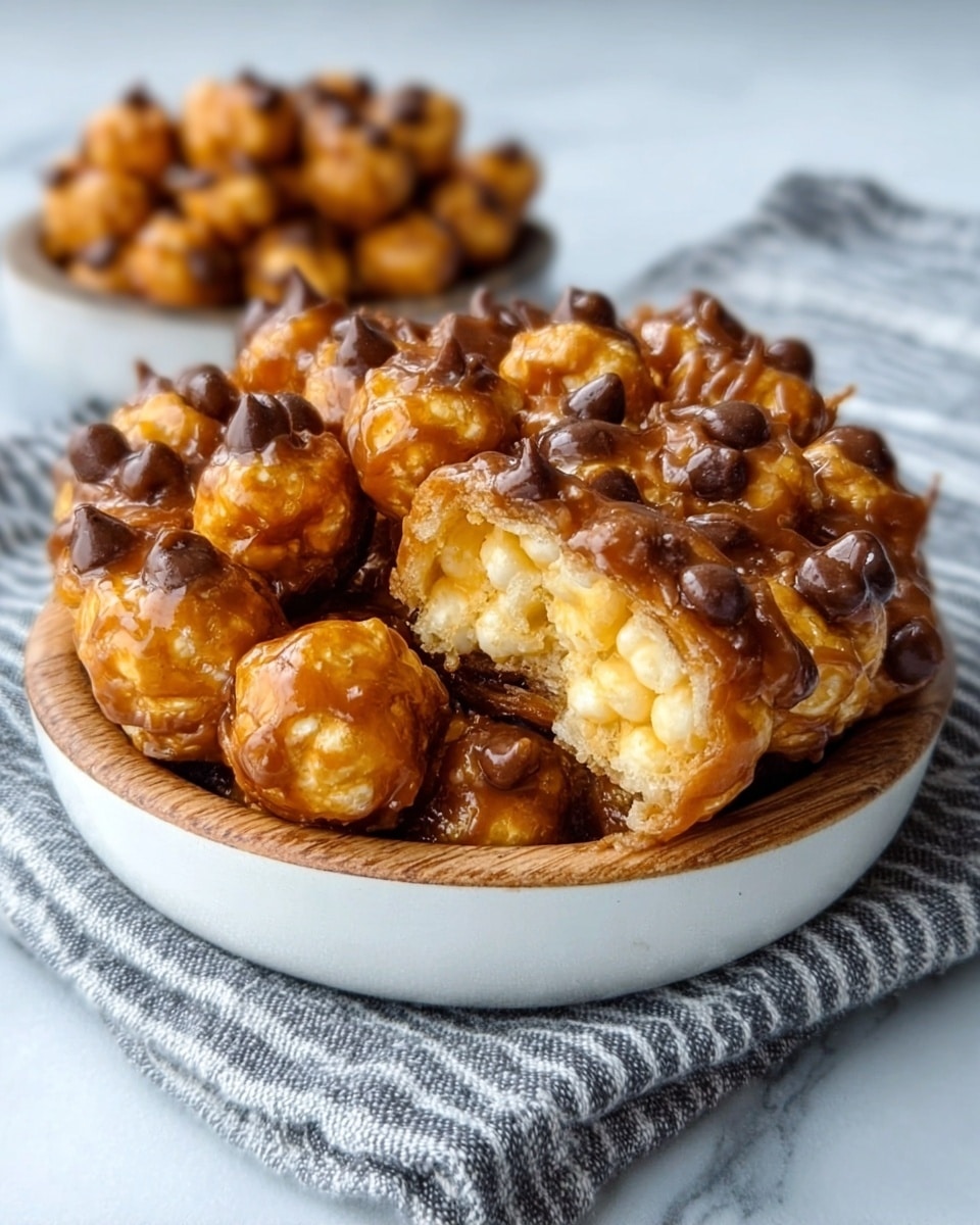 A white bowl with a wooden rim, filled with small round crispy snacks that are golden brown and covered with a glossy caramel-like coating showing small white puffed grains embedded on the surface, all piled up inside the bowl, placed on a cloth with gray stripes on a white marbled surface, another blurred bowl filled with the same snacks visible in the background, photo taken with an iphone --ar 4:5 --v 7