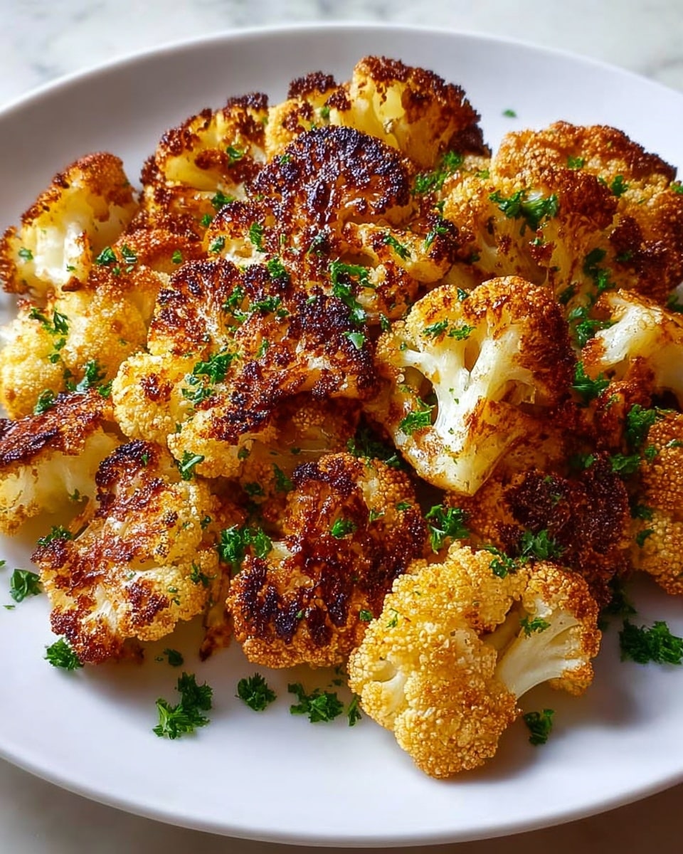 The dish shows a white plate filled with golden-brown roasted cauliflower pieces. Each cauliflower piece has a crispy, textured outer layer with dark, caramelized edges and a lighter, soft inner part showing its natural white color. Small green parsley bits are sprinkled evenly over the top and around the cauliflower, adding a fresh contrast. The cauliflower pieces are layered in a pile, covering the plate’s surface. The plate is placed on a white marbled texture surface. photo taken with an iphone --ar 4:5 --v 7