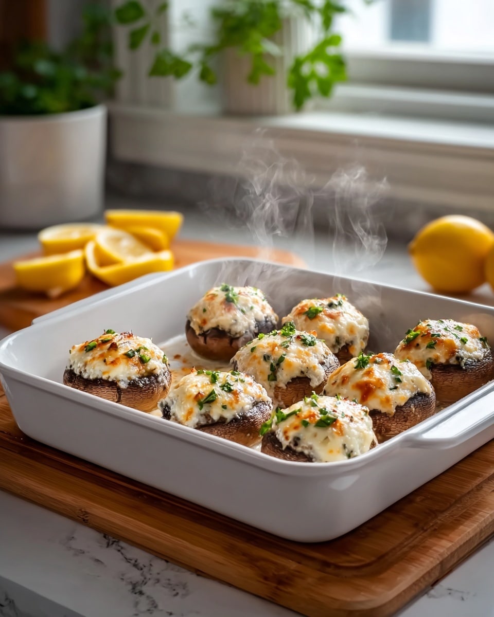 The image shows a white baking dish with seven stuffed mushrooms arranged in two rows. Each mushroom has a brown cap as the base layer, topped with a creamy white cheese mixture that is slightly browned and bubbly on top. Small green herb pieces are sprinkled on the cheese, adding spots of green color. Steam rises from the dish, giving a fresh and hot look. The baking dish is placed on a wooden board, with a white marbled surface underneath. In the background, there are lemon wedges on a cutting board and a green plant in a white pot near a window. photo taken with an iphone --ar 4:5 --v 7