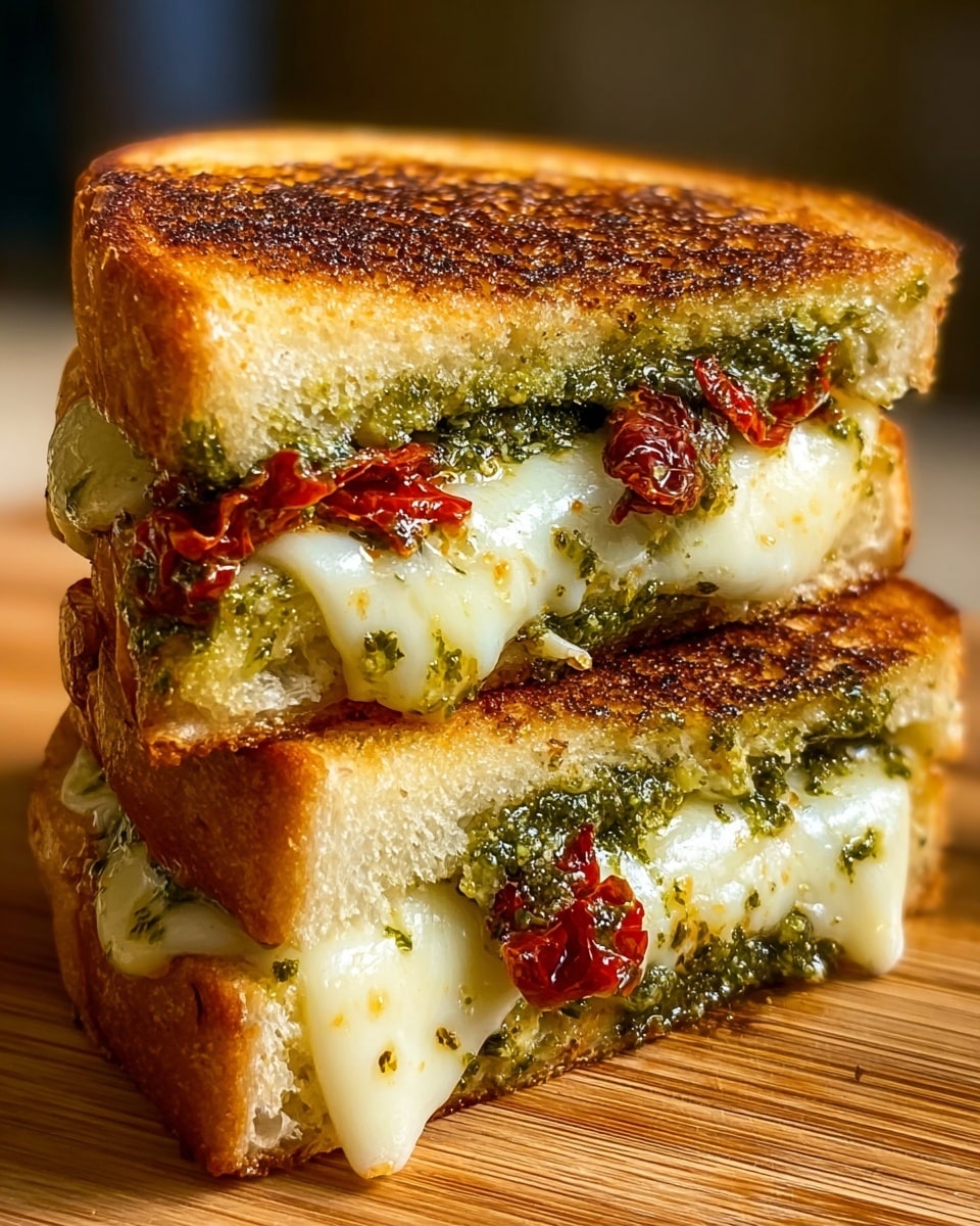 A close-up of a toasted grilled sandwich cut in half and stacked, showing two layers of filling inside white toasted bread with a golden-brown, crispy texture. The first layer next to the top bread slice is a green pesto sauce with a slightly oily texture, followed by melted white cheese that is soft and gooey. Within the cheese, there are small pieces of red sun-dried tomatoes, adding bright color and a chewy texture, followed by another layer of green pesto and melted cheese before the bottom toasted bread slice. The sandwich is placed on a wooden surface with a warm, natural tone in the background. photo taken with an iphone --ar 4:5 --v 7