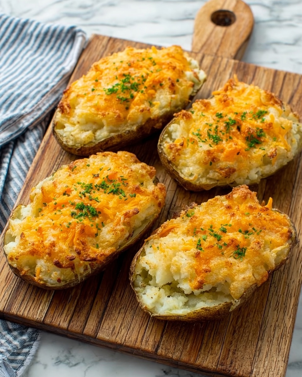 Four twice-baked potato halves sit on a wooden board with visible grain. Each potato half is topped with a golden, slightly crispy layer of melted cheese mixed with orange shredded cheese. A sprinkling of green herbs is scattered on top, adding small dots of color. The inside potato filling beneath the cheese looks soft and creamy, with a pale yellow color. The wood board rests on a white marbled surface, and a striped cloth is partially visible near the left side. Photo taken with an iphone --ar 4:5 --v 7
