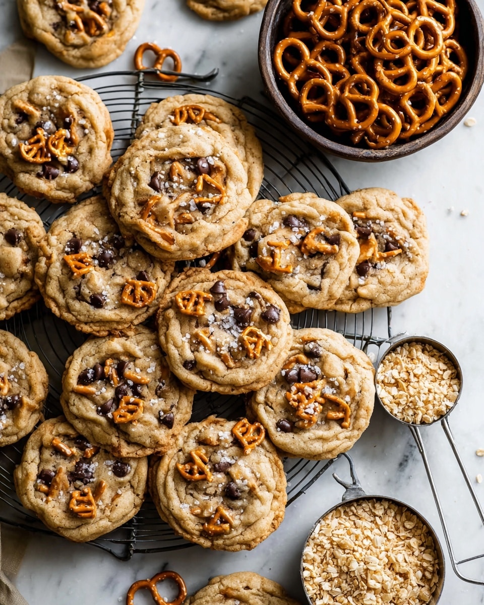 A cooling rack filled with about ten round cookies, each cookie having a light golden brown dough base, studded with dark chocolate chips and several small, broken orange pretzel pieces on top, giving a crunchy look. The cookies have a soft, slightly puffy texture with a few coarse salt flakes sprinkled across the surface, adding detail to the rough, craggy tops. To the right side of the rack is a metal measuring cup filled with small crushed nuts, colored light beige. A dark bowl filled with whole pretzels sits in the upper left corner, all placed on a white marbled surface. photo taken with an iphone --ar 4:5 --v 7