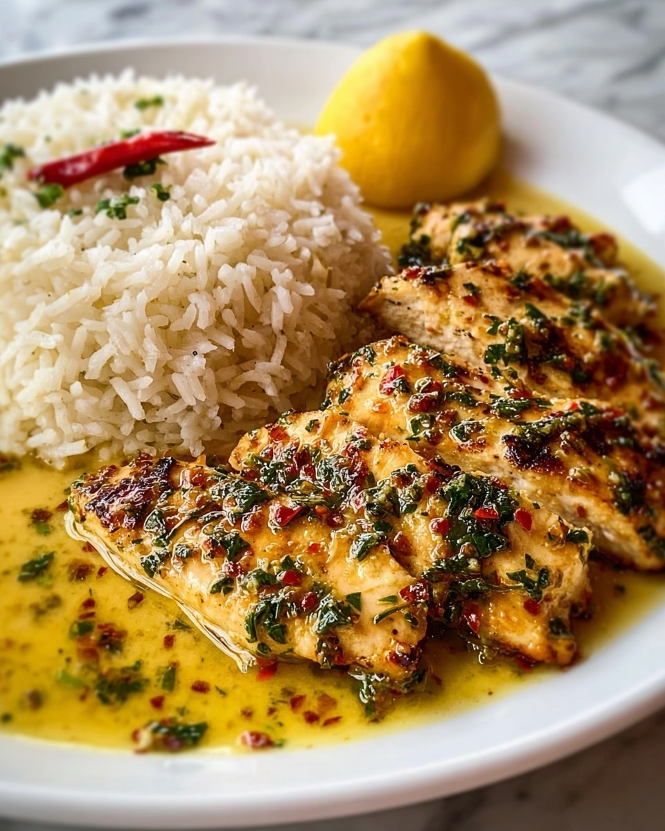 A white plate holds a dish with two main layers: the bottom layer is a mound of white rice mixed with small green herb pieces, giving it a fresh look, and the top layer is grilled chicken pieces with a golden-brown char and sprinkled green herbs, adorned with small red cherry tomatoes and thin slices of sautéed mushrooms, all sitting in a light yellow sauce that pools around the rice. The background is a white marbled texture. photo taken with an iphone --ar 4:5 --v 7