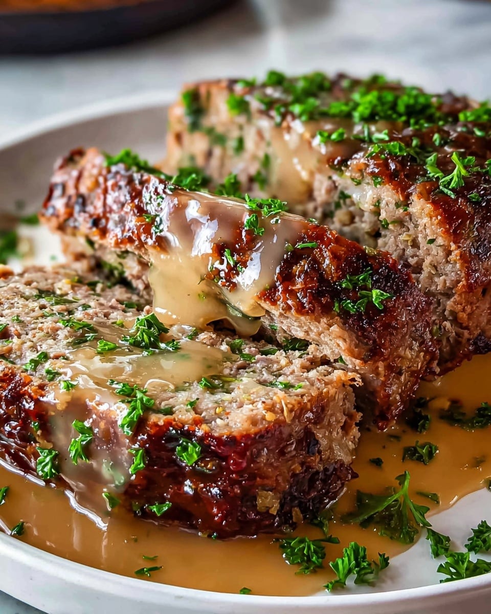 The dish shows two thick slices of a meatloaf with a golden-brown crispy outer layer, and a soft, crumbly inner layer mixed with herbs and small bits of green. The top is coated with a smooth, light brown gravy that glistens under the light, dripping down the sides and pooling at the base. Small pieces of chopped parsley are scattered over the meatloaf and gravy, adding bright green contrast. The slices rest on a white plate with some sprinklings of herbs around the edges, placed on a white marbled surface. photo taken with an iphone --ar 4:5 --v 7