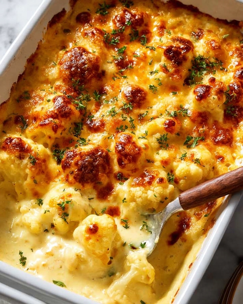 A white rectangular baking dish filled with a creamy baked cauliflower cheese casserole. The top layer is golden brown and bubbly melted cheese with some darker crispy spots and small green herb bits sprinkled over it. Underneath this cheese crust, there are large pieces of cooked cauliflower in a thick, smooth, pale yellow cheese sauce. A spoon with a wooden handle is scooping out some of the cauliflower and sauce from the right side of the dish, showing the soft texture of the vegetables and cheese inside. The dish sits on a white marbled surface. Photo taken with an iphone --ar 4:5 --v 7