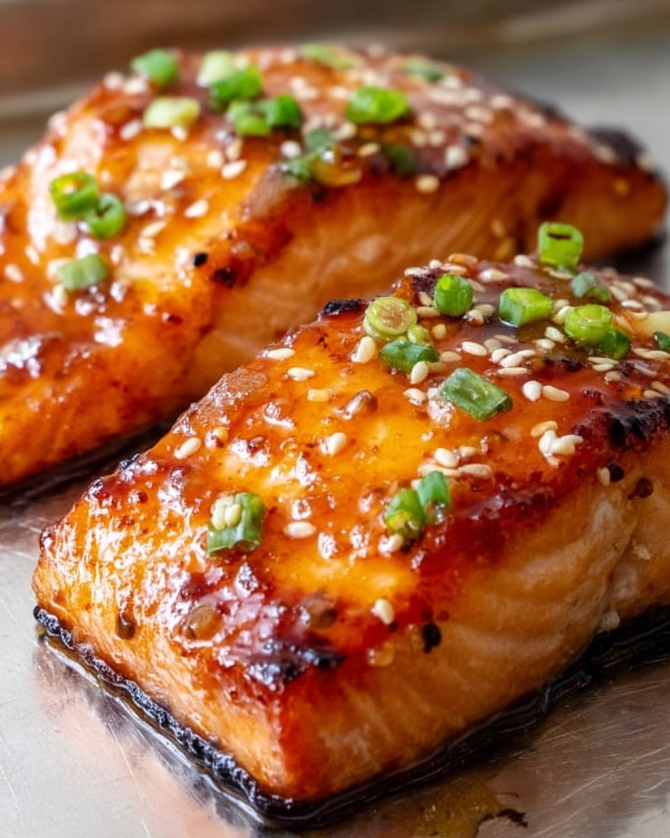 The image shows two pieces of cooked salmon placed closely together on a shiny surface that looks like a baking tray. Each salmon piece is covered in a shiny orange glaze that looks sticky and caramelized with a slightly charred texture on some edges. The top of the salmon is sprinkled with small white sesame seeds and chopped green onions, adding a touch of color contrast with white and bright green against the rich orange glaze. The surface under the salmon is a white marbled texture that reflects the light softly, showing slight grease around the salmon pieces. The photo is bright and focused, showing the juicy texture of the fish very clearly, giving a warm and fresh feeling. photo taken with an iphone --ar 4:5 --v 7