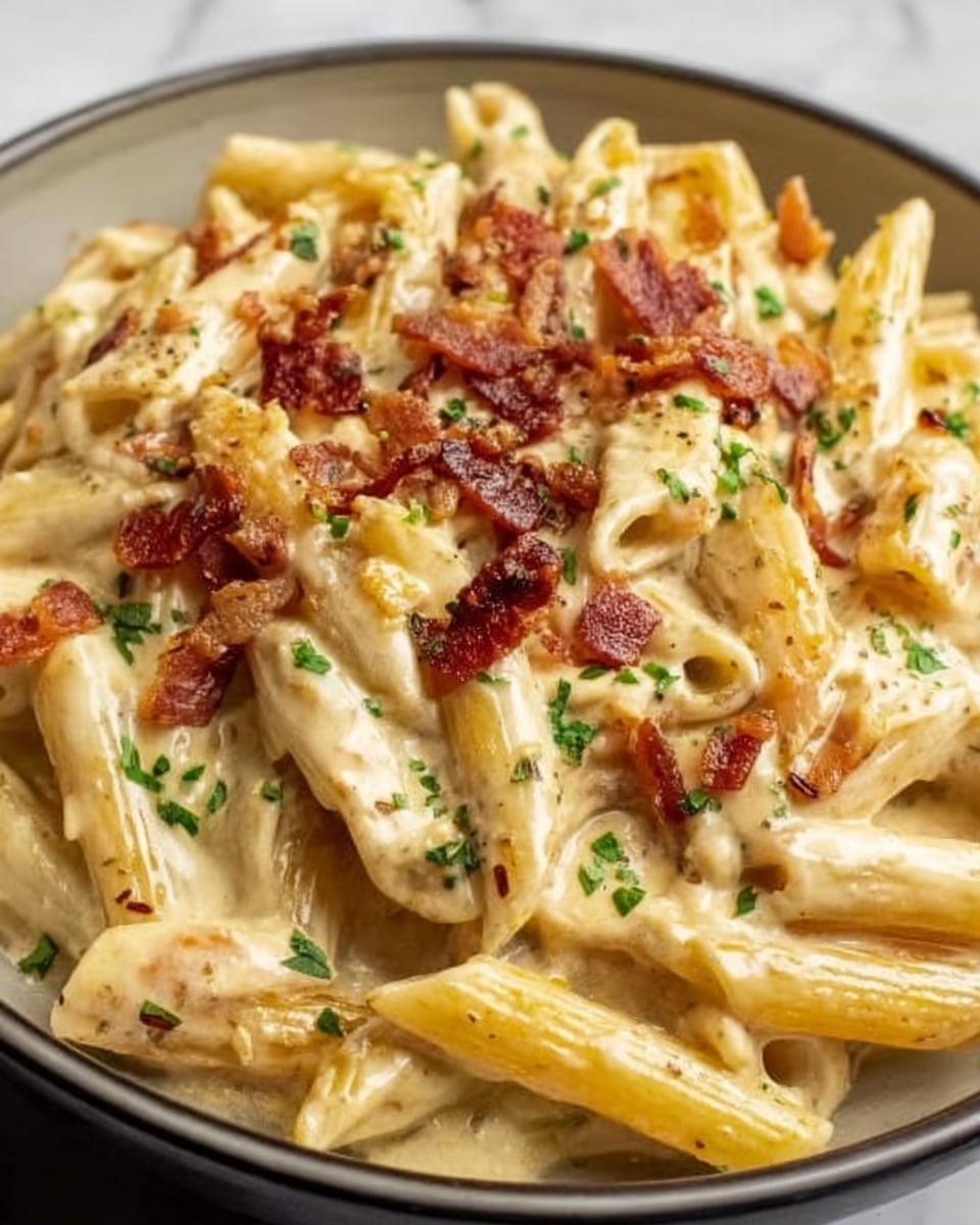 A close-up of a white bowl filled with creamy penne pasta, showing about three layers of pasta tubes coated in a thick, light beige sauce. Small crispy bacon pieces sprinkled on top add reddish-brown accents, with tiny bits of green herbs scattered evenly over the dish. The sauce looks smooth and shiny, clinging well to the pasta shapes which have ridged textures. The bowl is set on a white marbled surface. Photo taken with an iphone --ar 4:5 --v 7