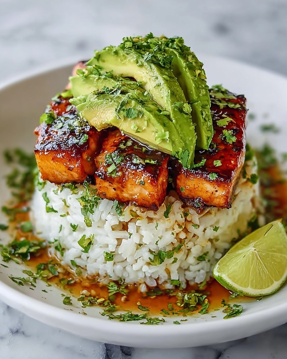 The dish shows a white plate with a round base layer of white rice mixed with green herbs. On top of the rice, there are several thick pieces of grilled salmon with a shiny, dark caramelized coating. The salmon is neatly placed in the center of the plate. Above the salmon, there are two thick slices of fresh green avocado sprinkled with chopped herbs. Some sauce is visible around the base of the rice, and a wedge of lime sits on the side of the plate. The background is a white marbled texture. photo taken with an iphone --ar 4:5 --v 7