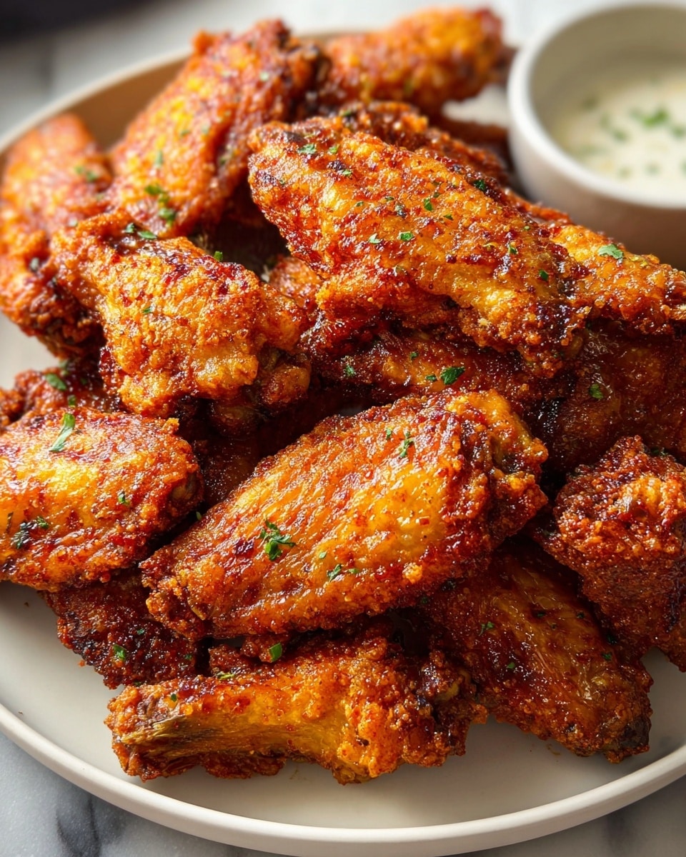 A white round plate is filled with a stack of about thirteen crispy chicken wings, each coated in a shiny, reddish-brown spicy sauce with specks of seasoning and small green herb pieces sprinkled on top. The wings vary slightly in size and are piled so that some rest on top of others, showing their textured, crunchy skin. In the blurred background, there is a bowl with a creamy white dipping sauce, all set on a white marbled textured surface. photo taken with an iphone --ar 4:5 --v 7