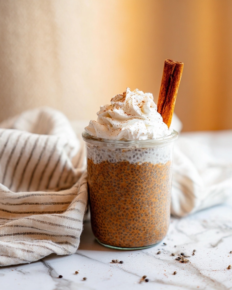 A clear glass jar holds a three-layered dessert: the bottom layer is a thick, brown chia pudding with a bumpy texture full of visible chia seeds, topped with a fluffy, white swirl of whipped cream sprinkled lightly with cinnamon. A single cinnamon stick is placed upright inside the jar, leaning slightly to the right. The jar sits on a white marbled surface next to a beige and white striped cloth. Some scattered cinnamon powder is visible on the surface near the jar, with a blurred background showing a container filled with orange powder. photo taken with an iphone --ar 4:5 --v 7