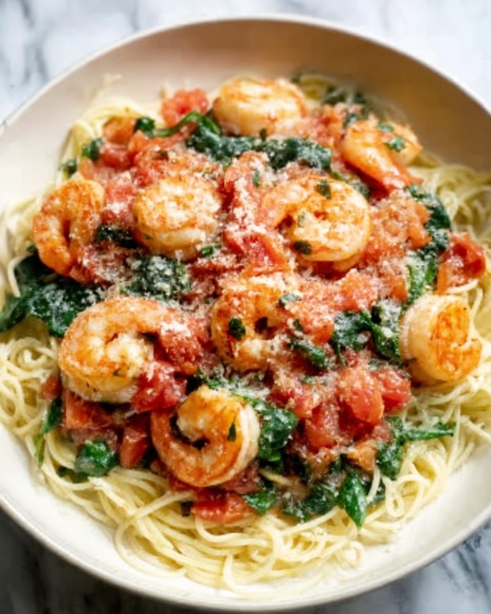A white bowl filled with a bed of light yellow spaghetti noodles topped with several large shrimp cooked to a pink color, mixed with chunked red tomatoes and green spinach leaves. The shrimp have a slightly shiny texture from cooking, and the sauce looks light with small bits of herbs visible. The noodles are tangled beneath the shrimp and vegetables, and the dish is placed on a white marbled surface. photo taken with an iphone --ar 4:5 --v 7