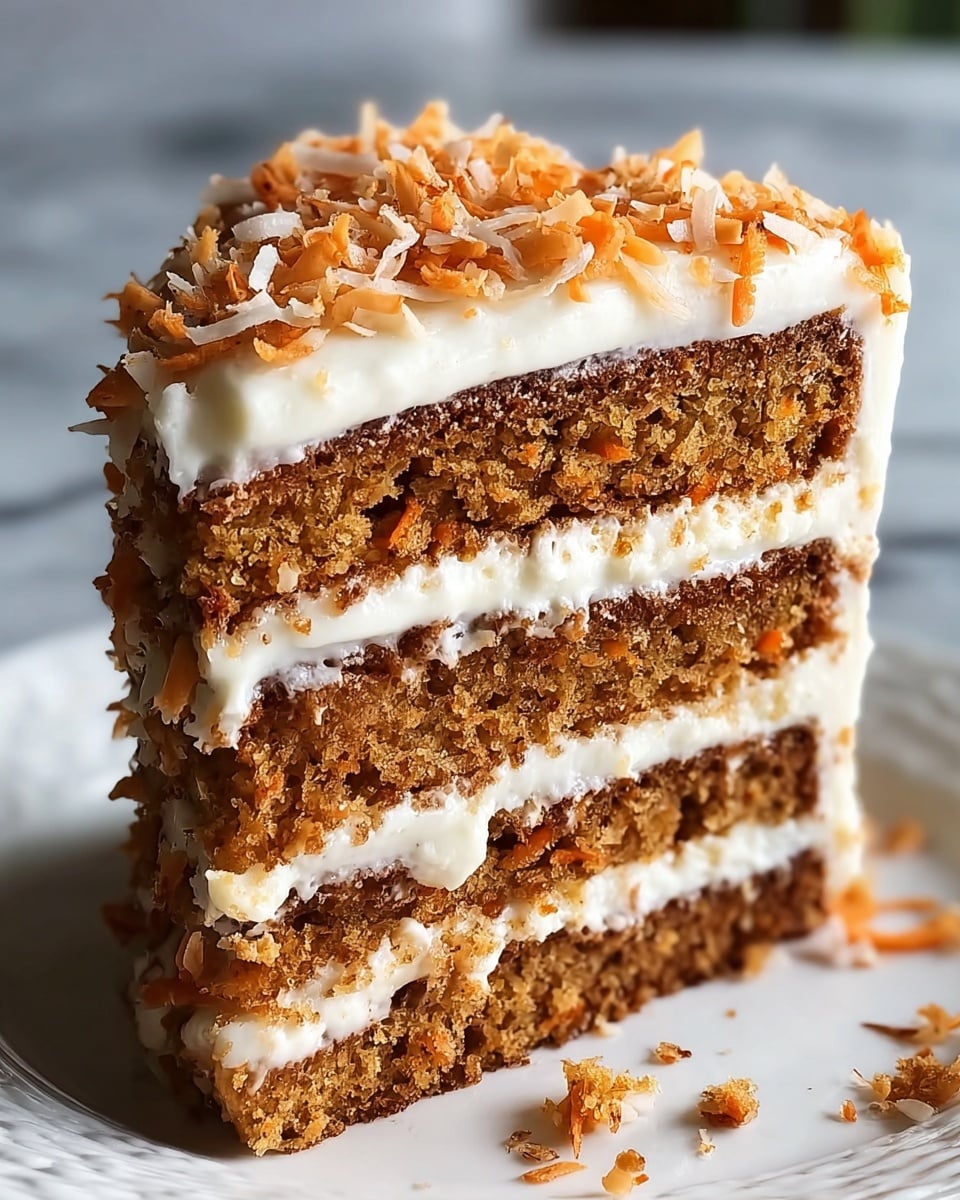 The image shows a tall slice of carrot cake with four layers of moist, medium brown cake separated by creamy white frosting. The frosting is thickly spread between each layer and also covers the top. On top of the cake, there are thin, orange shreds of carrot and small white coconut flakes scattered. The cake slice sits on a white plate, placed on a white marbled surface, with some crumbs visible around the base of the slice. photo taken with an iphone --ar 4:5 --v 7