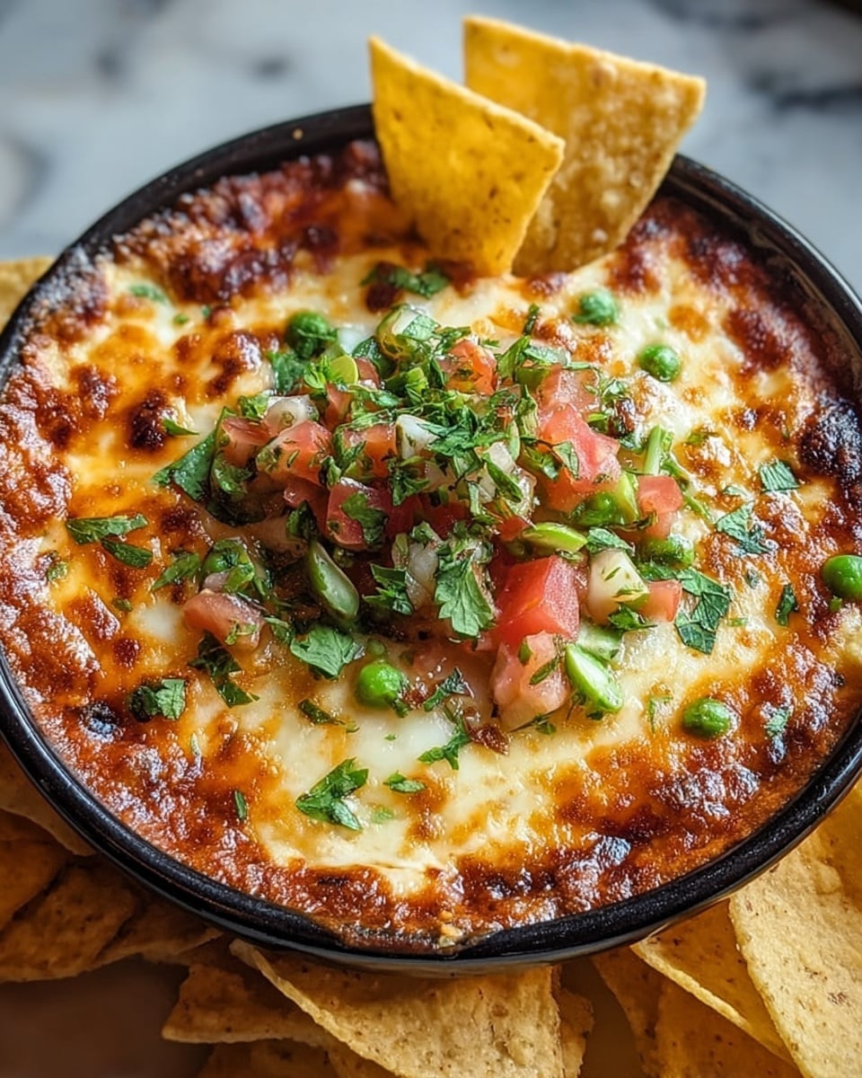 The dish is served in a black round deep dish with a slightly burnt edge, showing a thick single layer of melted, golden-brown cheese with bubbly spots. On top is a colorful mix of finely chopped fresh vegetables including red tomatoes, white onions, and green peas, along with chopped green herbs that add a fresh touch. In the back, several large tortilla chips are placed upright, partially buried in the cheese layer. The dish sits on a white marbled texture. photo taken with an iphone --ar 4:5 --v 7