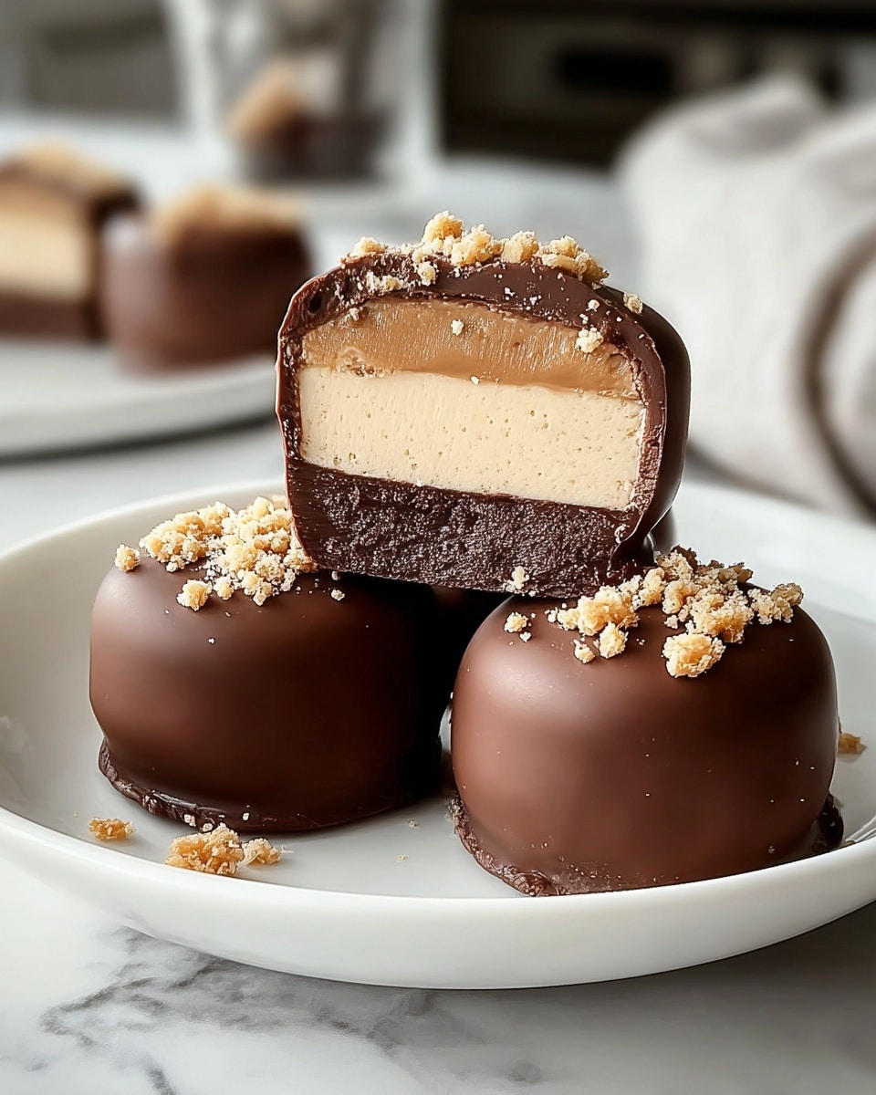 The image shows four round chocolate-covered treats on a white plate with a white marbled texture background. Each treat has a smooth, milk chocolate outer layer and is topped with small, light tan crumb-like pieces. One piece is cut in half and placed on top of another treat, showing a creamy beige middle layer inside surrounded by a thicker dark chocolate layer at the bottom and a thinner milk chocolate layer covering the rest. The textures include smooth chocolate surfaces, crumbly bits on top, and a soft creamy center. photo taken with an iphone --ar 4:5 --v 7