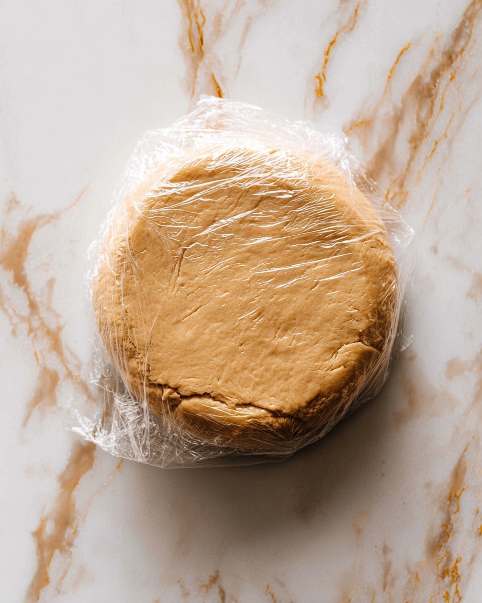 A round, thick dough disk wrapped in clear plastic wrap, showing a light golden-brown color and a slightly cracked, smooth surface texture. The dough is placed directly on a white marbled texture background with veins of beige and brown. photo taken with an iphone --ar 4:5 --v 7