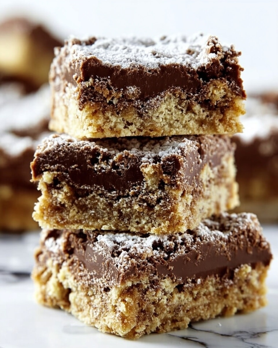 The image shows a stack of three thick dessert bars arranged vertically on a white marbled surface. Each bar has multiple layers, with the bottom and middle sections appearing crumbly and golden-brown, textured with small bits throughout, while the top layer consists of a rich, smooth, glossy chocolate coating slightly dripping down the sides. The surfaces of the bars are dusted lightly with powdered sugar, adding a soft white contrast to the browns. In the background, there are blurred pieces of more bars and a white cup to the right. The overall look is warm and inviting, with a focus on the texture and layers of the bars. Photo taken with an iphone --ar 4:5 --v 7