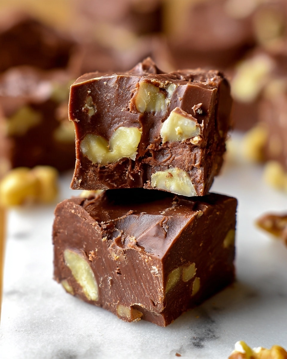 The image shows two thick, square pieces of chocolate fudge stacked on a white marbled surface. The fudge is a deep brown color with a slightly rough texture on top, showing a cracked and creamy chocolate layer. Inside the fudge, large pieces of light tan, chunky walnuts are scattered throughout, adding contrast in color and texture. The top fudge piece is slightly lifted and cracked, displaying the soft, rich, and dense inside, with walnut chunks clearly visible within the fudgy chocolate base. A few walnut pieces lie around the fudge blocks. Photo taken with an iphone --ar 4:5 --v 7