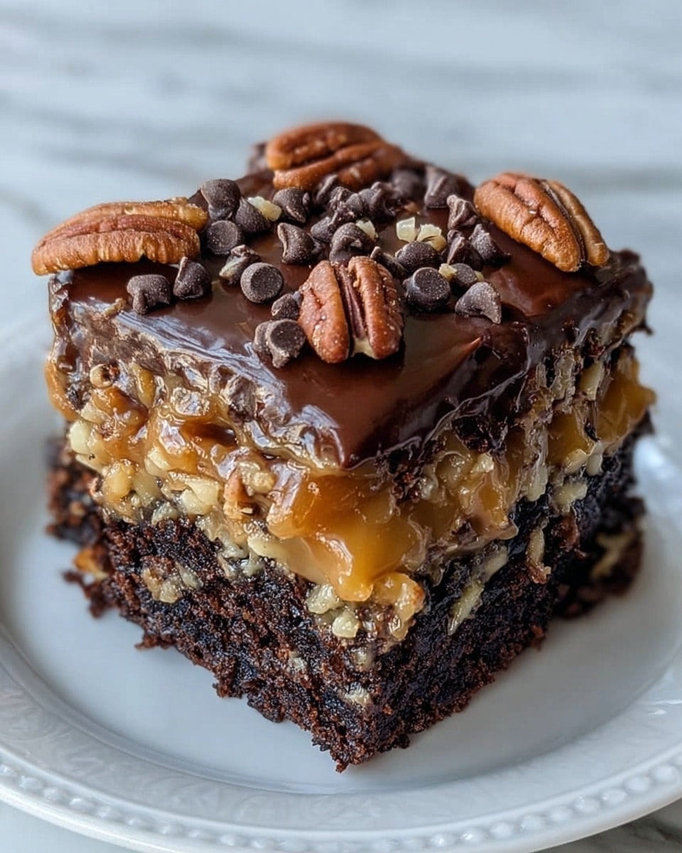 The image shows a square piece of dessert with three distinct layers. The bottom layer is a dark, rich chocolate cake with a soft texture. The middle layer is a gooey caramel mixed with chopped nuts, creating a sticky and crunchy texture with a golden-brown color. The top layer is a smooth chocolate glaze covered with whole pecans and dark chocolate chips scattered across the surface. The dessert is placed on a white plate with a subtle decorative edge, set on a white marbled surface. Photo taken with an iphone --ar 4:5 --v 7