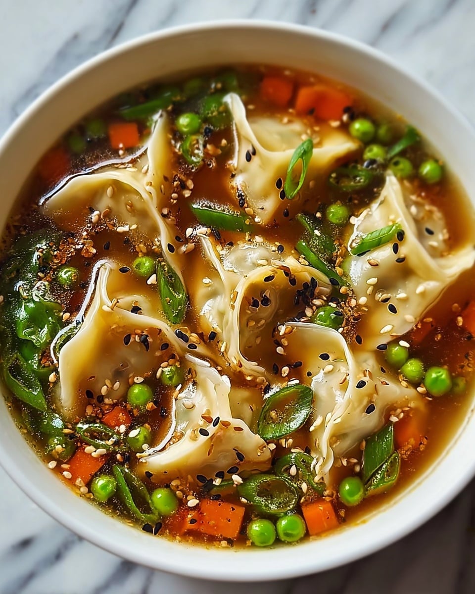 A white bowl filled with clear broth soup containing five folded dumplings with smooth pale dough. The soup has bright green peas, chopped green onions, and small diced orange carrots. The surface of the soup floats with black and white sesame seeds scattered evenly. The broth is light brown and glossy, surrounding the dumplings and vegetables with a fresh look. The bowl rests on a surface with a white marbled texture. photo taken with an iphone --ar 4:5 --v 7