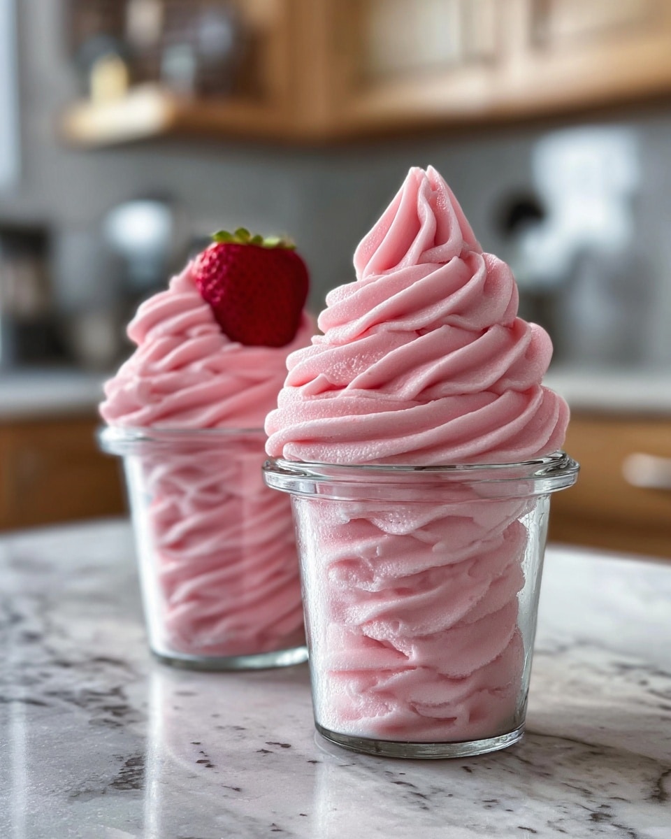 Two clear glass cups filled with soft serve pink ice cream swirled smoothly from bottom to top. The cup in the front shows thick, creamy layers with a textured swirl pattern, rising in a tall, pointed peak. The cup in the back has a similar swirl pattern but is topped with a single bright red strawberry, adding a pop of color. Both cups rest on a white marbled surface with a blurred kitchen background. photo taken with an iphone --ar 4:5 --v 7