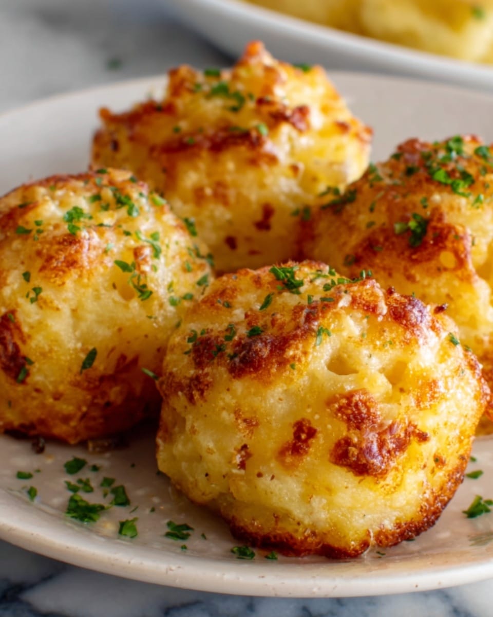 The image shows four golden-brown baked cheesy potato balls on a white plate with green garnish sprinkled on top. The balls have a rough, crispy texture with melted cheese and small bits of herbs visible on the surface. Each ball has a slightly irregular shape, with some spots more browned than others, giving a homemade look. The plate rests on a white marbled surface with a blurred background showing parts of another dish. Photo taken with an iphone --ar 4:5 --v 7