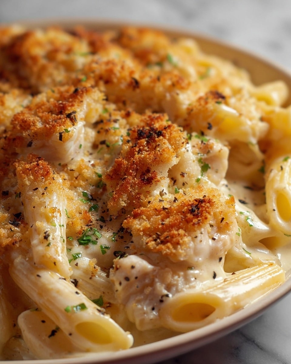 The dish shows a close-up of creamy baked pasta with three clear layers: the bottom layer is smooth, cheese sauce in a pale yellow color, filled with penne pasta in a light cream tone; the middle layer features large chunks of white fish, coated lightly in the sauce; the top layer is a golden brown, crispy breadcrumb topping sprinkled unevenly with black pepper and small green herb pieces. The whole dish is served in a white bowl on a white marbled surface. photo taken with an iphone --ar 4:5 --v 7