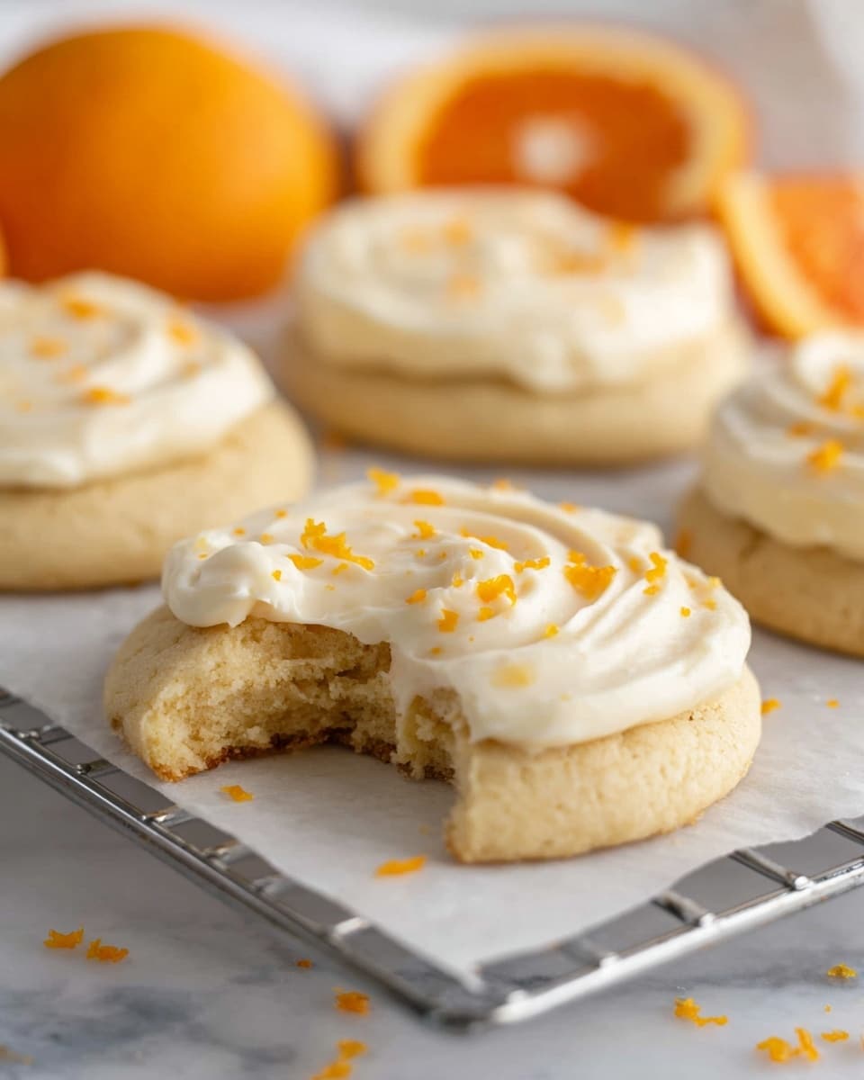 The image shows soft, round cookies with a golden-brown base layer that looks slightly crumbly. On top of each cookie, there is a thick, creamy white frosting layer that is smooth with swirled patterns, sprinkled with small bits of orange zest. One cookie in the front has a bite taken out of it, revealing the soft inside. The cookies rest on white parchment paper that is placed over a metal cooling rack, all set on a white marbled surface. In the background, there are blurred halves of fresh oranges adding a pop of bright color. Photo taken with an iphone --ar 4:5 --v 7