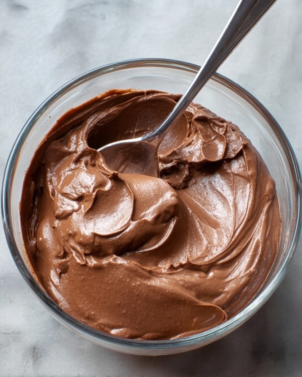 A clear glass bowl filled with smooth, creamy chocolate mousse showing soft, shiny swirls and gentle waves on the surface, with a silver spoon resting inside the bowl, partially dipped into the mousse and lifting some of it, placed on a white marbled texture surface. photo taken with an iphone --ar 4:5 --v 7