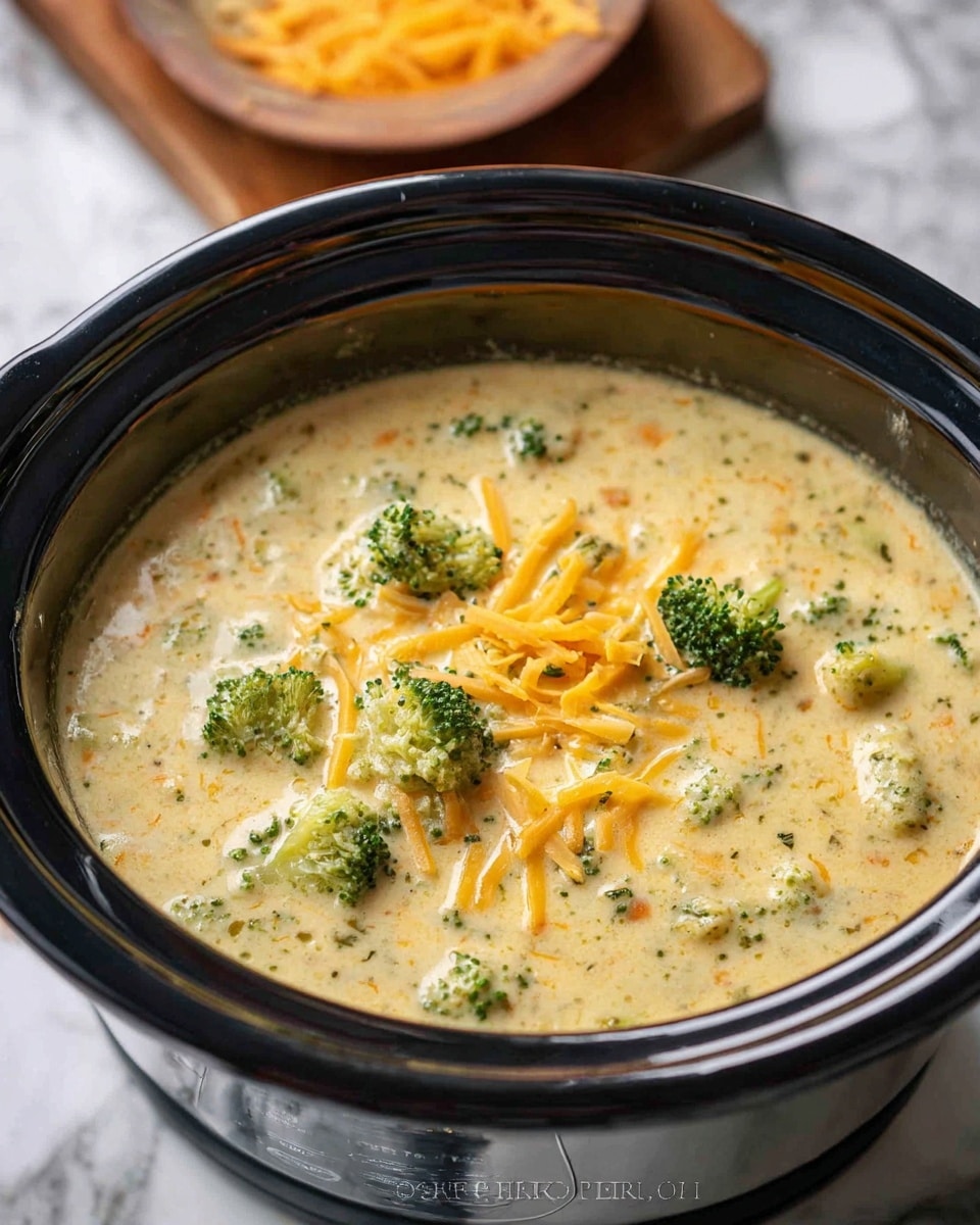 A close-up of creamy broccoli cheese soup in a black slow cooker with a shiny surface. The soup has a thick, pale yellow base with small green broccoli florets and bright orange shredded cheddar cheese scattered throughout. The texture looks smooth and rich with visible small bits of onions and spices mixed in. The black slow cooker contrasts with the creamy light soup inside. The background is a white marbled texture. photo taken with an iphone --ar 4:5 --v 7