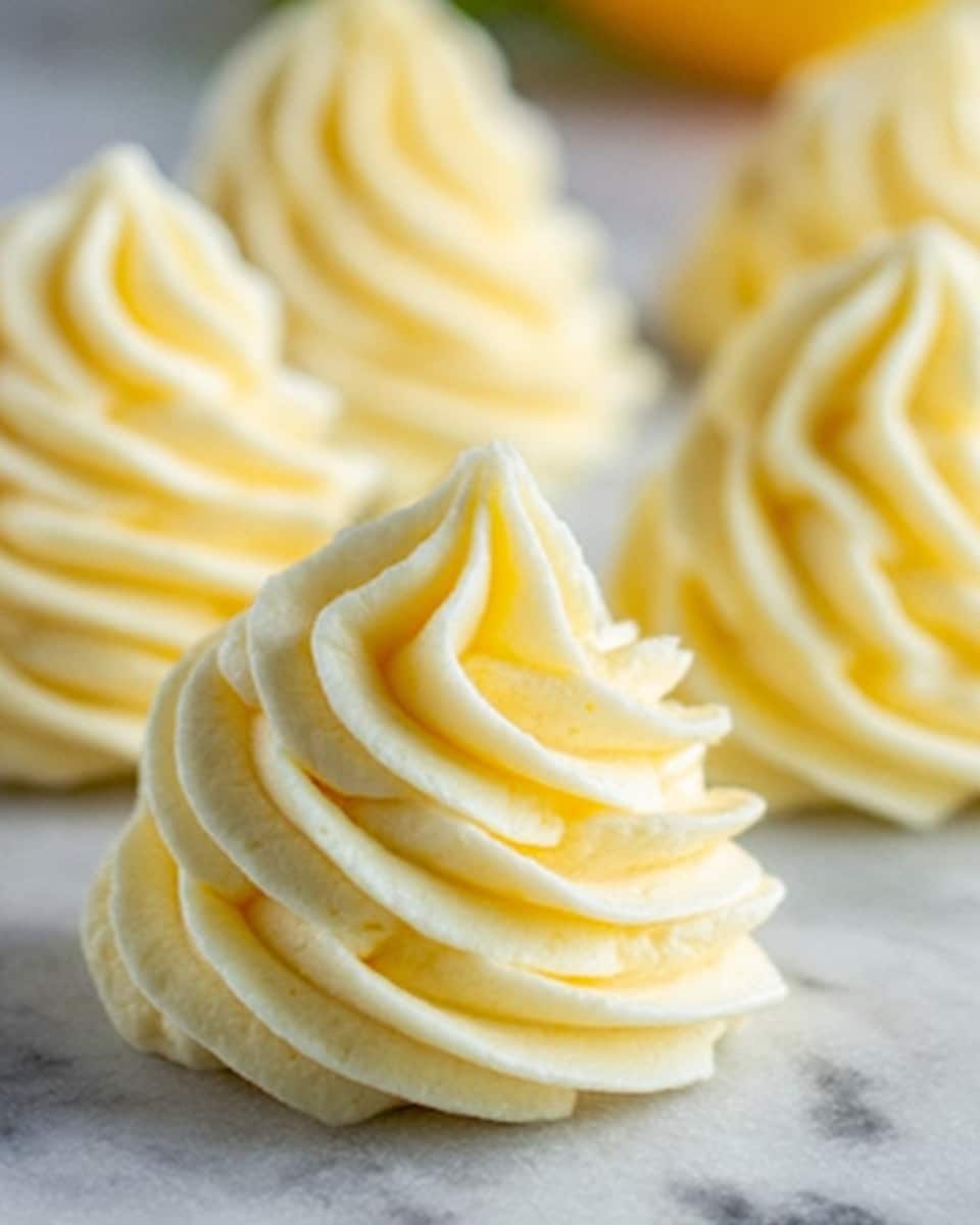 The image shows a close-up of several small swirls of pale yellow buttercream frosting with smooth, thick, and creamy texture, each swirl consisting of many ridged layers spiraling from a small peak at the top down to a wider base. The buttercream sits on a white marbled surface, and the focus is on one swirl in the front, with the others softly blurred in the background, creating a soft, inviting look. Photo taken with an iphone --ar 4:5 --v 7