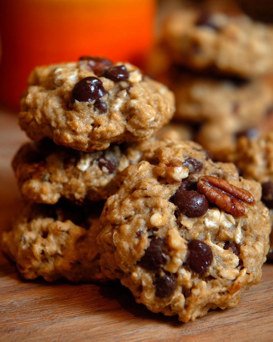 A close-up view of a stack of chewy oatmeal cookies on a wooden surface, each cookie generously filled with dark brown chocolate chips, shiny dried cranberries, and pieces of light brown pecans. The cookies have a rough texture with visible oats and nuts, showing a golden-brown color with darker spots from the mix-ins. The cookies appear thick and slightly irregular in shape, stacked unevenly in the middle of the image. The background has a soft blur with hints of orange and blue colors, highlighting the front cookies. photo taken with an iphone --ar 4:5 --v 7