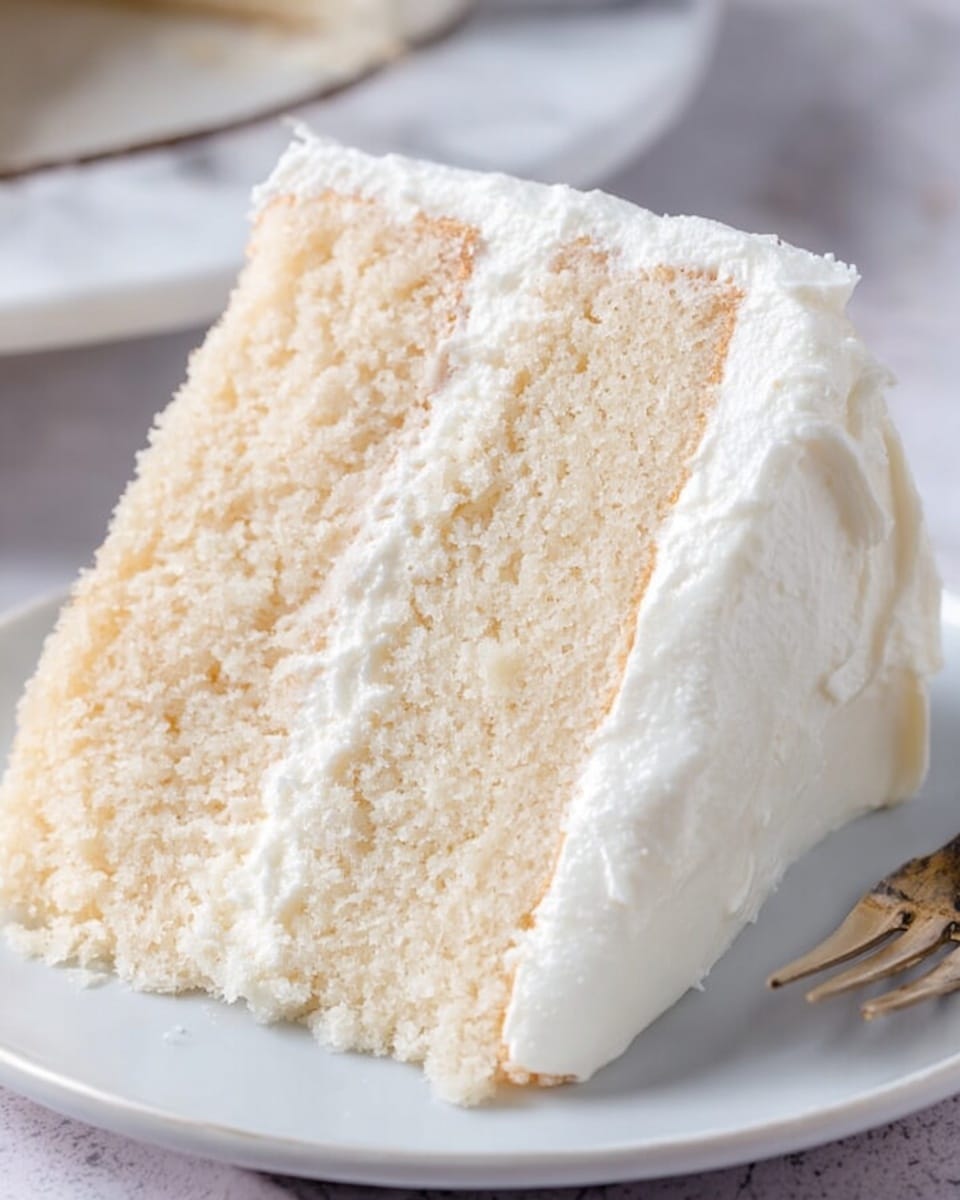 The image shows a close-up of a slice of white cake on a white plate, placed on a white marbled surface. The cake has two thick layers of light, fluffy white sponge with a slightly crumbly texture. Between the two layers and covering the top and sides is a smooth, creamy white frosting, which looks soft and evenly spread. A woman's hand is gently holding the plate from one side. The background is blurred but has soft, neutral tones. Photo taken with an iphone --ar 4:5 --v 7