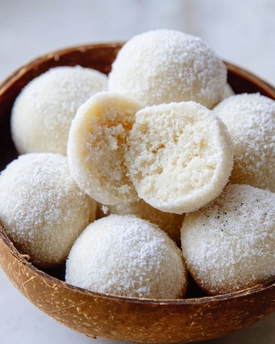 A close-up image of a small wooden bowl filled with white, round sweets that have a soft, powdery texture on the outside. Each sweet looks smooth but slightly crumbly, with one sweet in the center partially bitten to show a dense, creamy interior in the same white color. The sweets sit on small pieces of thin white flakes inside the bowl. The background is a white marbled texture. photo taken with an iphone --ar 4:5 --v 7