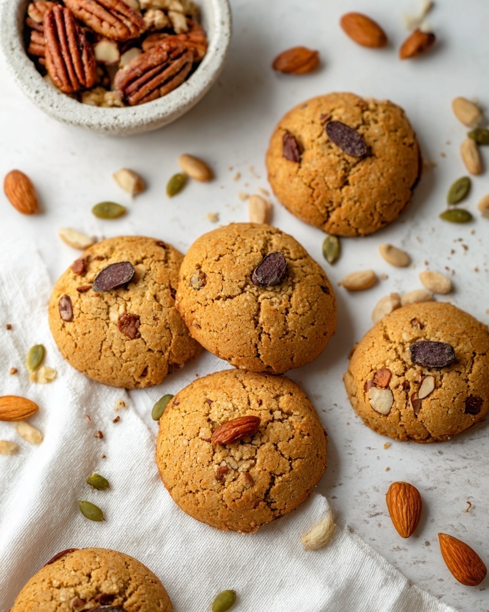 The image shows five round, golden-brown cookies with a slightly cracked surface, each topped with a few nuts and seeds, arranged casually on a white cloth on a white marbled surface. Around the cookies, there are scattered almonds, pumpkin seeds, sesame seeds, and other small nuts adding texture and color contrast with their light brown, green, and cream tones. In the background, there is a small white bowl filled with mixed nuts. The overall look is rustic and inviting, with warm earthy colors and a cozy setting. Photo taken with an iphone --ar 4:5 --v 7