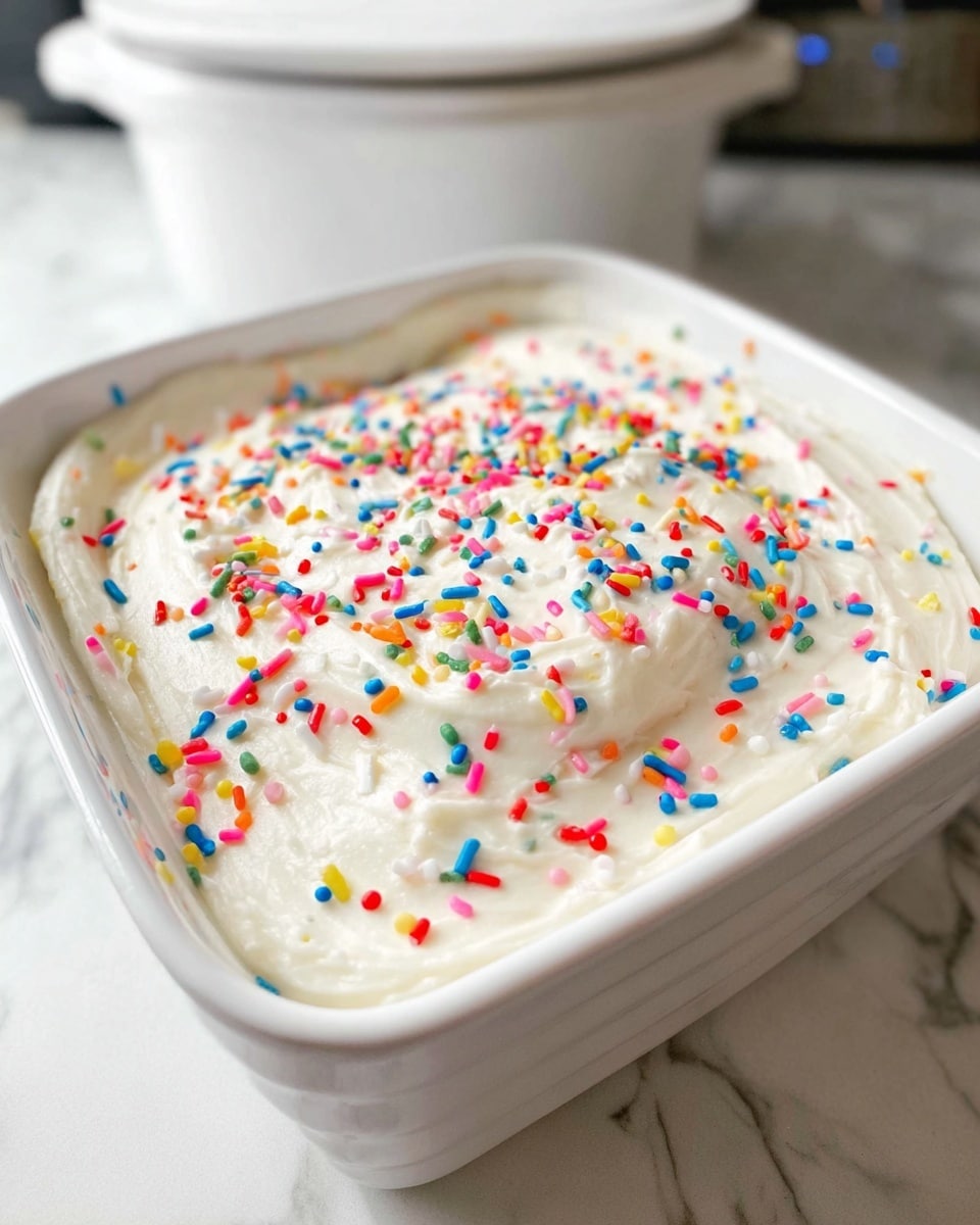 A white square ceramic dish filled with a creamy white frosting layer that looks smooth but slightly swirled on top, covered with colorful rainbow sprinkles scattered evenly over the surface. The dish is placed on a white marbled texture, and there is a white pot behind the dish, slightly out of focus. The colors of the sprinkles include red, blue, green, yellow, pink, orange, and white, adding a playful contrast to the soft white frosting. photo taken with an iphone --ar 4:5 --v 7