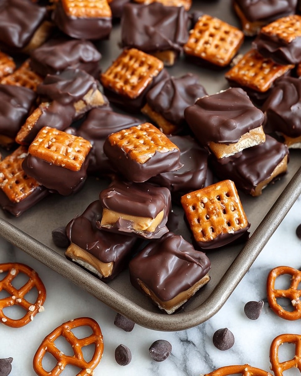 The image shows a tray filled with square pretzels partially dipped in dark chocolate, arranged in neat rows. Each treat has two layers: the top layer is a golden-brown pretzel with a hole pattern, and the bottom layer is thick, glossy dark chocolate covering half or more of the pretzel. A few loose pretzels and chocolate chips lie around the edge of the tray, which is placed on a white marbled surface. The chocolate has a smooth texture, and the pretzels have a slightly cracked look from being dipped. photo taken with an iphone --ar 4:5 --v 7
