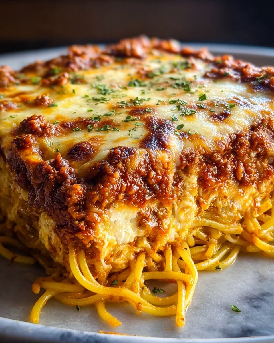A close-up view of a thick, square slice of baked spaghetti layered dish on a white marbled texture, showing multiple layers. The top layer is melted, bubbly cheese with golden brown and dark brown spots, sprinkled lightly with chopped green herbs. Below it is a layer of chunky reddish-brown meat sauce with visible bits of meat. Under the meat sauce is a thick, creamy white sauce layer. The bottom layer consists of tangled, yellow spaghetti noodles, some spilling out from the cut edge. The side shows the different layers clearly stacked, with a slightly browned cheesy edge on top. photo taken with an iphone --ar 4:5 --v 7