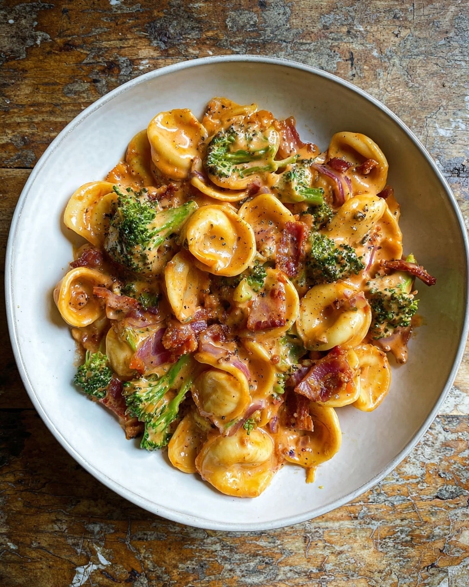 A white bowl filled with a creamy pasta dish showing about three layers mixed together: a sauce with a smooth orange color and slightly glossy texture coating the pasta, round orecchiette noodles with a pale yellow shade, small broccoli florets with rich green color scattered evenly, and thin strips of cooked bacon in a reddish-brown hue spread throughout. The dish has a soft, rich look with some specks of black pepper. The bowl sits on a rustic wood surface but described as a white marbled texture. Photo taken with an iphone --ar 4:5 --v 7