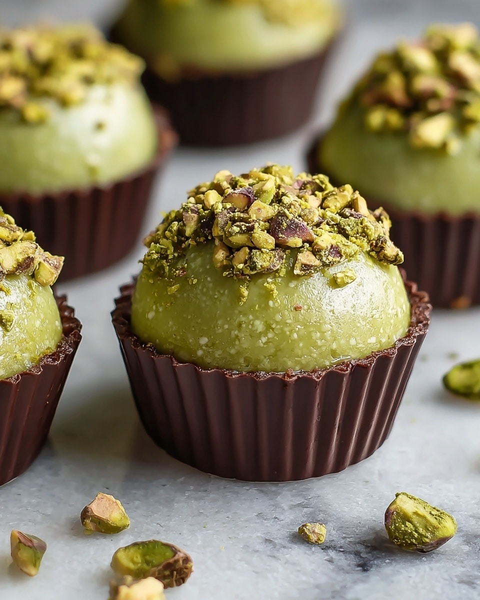 The image shows several round treats with three main layers: the bottom layer is a dark brown, ridged paper cup, the middle layer is a light green, smooth but slightly bumpy coating covering a ball-shaped center, and the top layer is a small pile of chopped pistachio nuts in shades of green and light brown sitting on the green coating. The treats are placed close together on a smooth, white marbled textured surface, with some pistachio pieces scattered around. Photo taken with an iphone --ar 4:5 --v 7