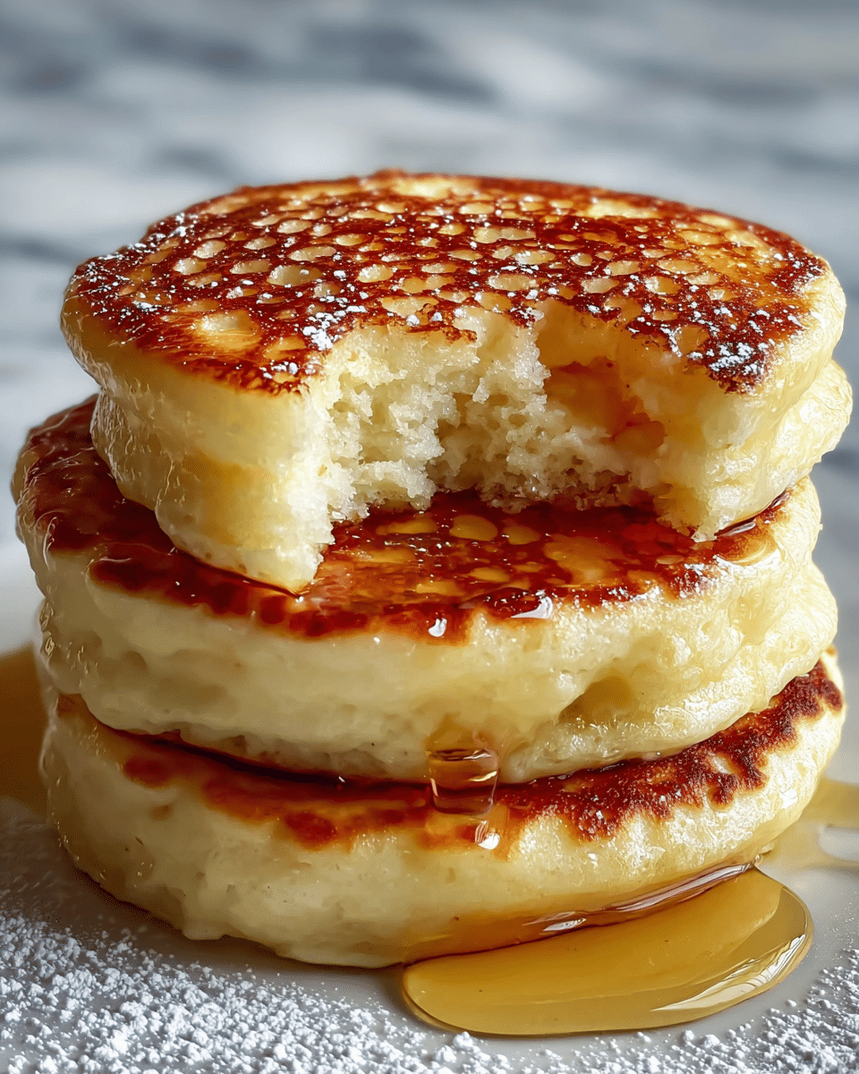 A stack of three thick, fluffy pancakes sits on a surface with a white marbled texture, each pancake showing a golden-brown, slightly crispy top with a textured pattern of small bubbles. The middle pancake has a shiny honey or syrup glaze dripping down the sides, pooling slightly around the base. The top pancake has a bite taken out of it, revealing a soft, airy, white inside with a gentle spongy texture. There is a light dusting of powdered sugar on the surface near the bottom of the stack. photo taken with an iphone --ar 4:5 --v 7